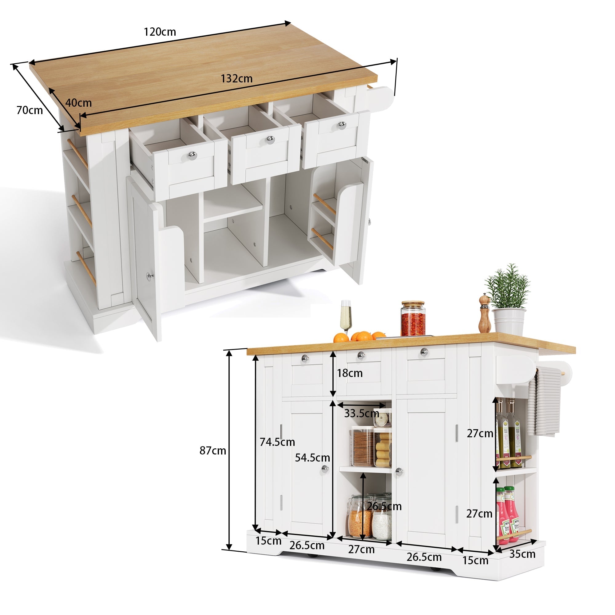 Mobile Kitchen Table 132cm Folding Worktop Multifunctional Cabinet 5 Wheels Integrated Socket