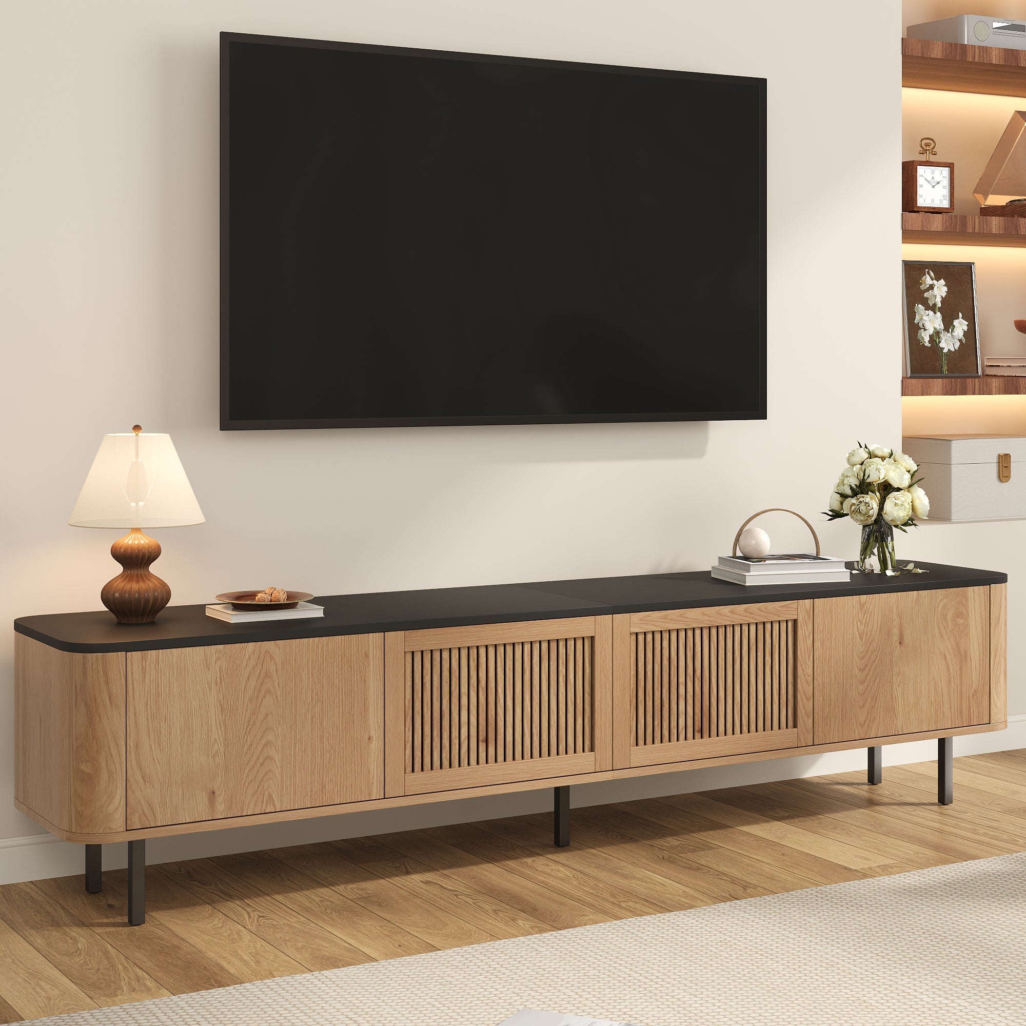 Modern TV Cabinet with Mesh Doors and Storage Compartments, Black and Oak finish