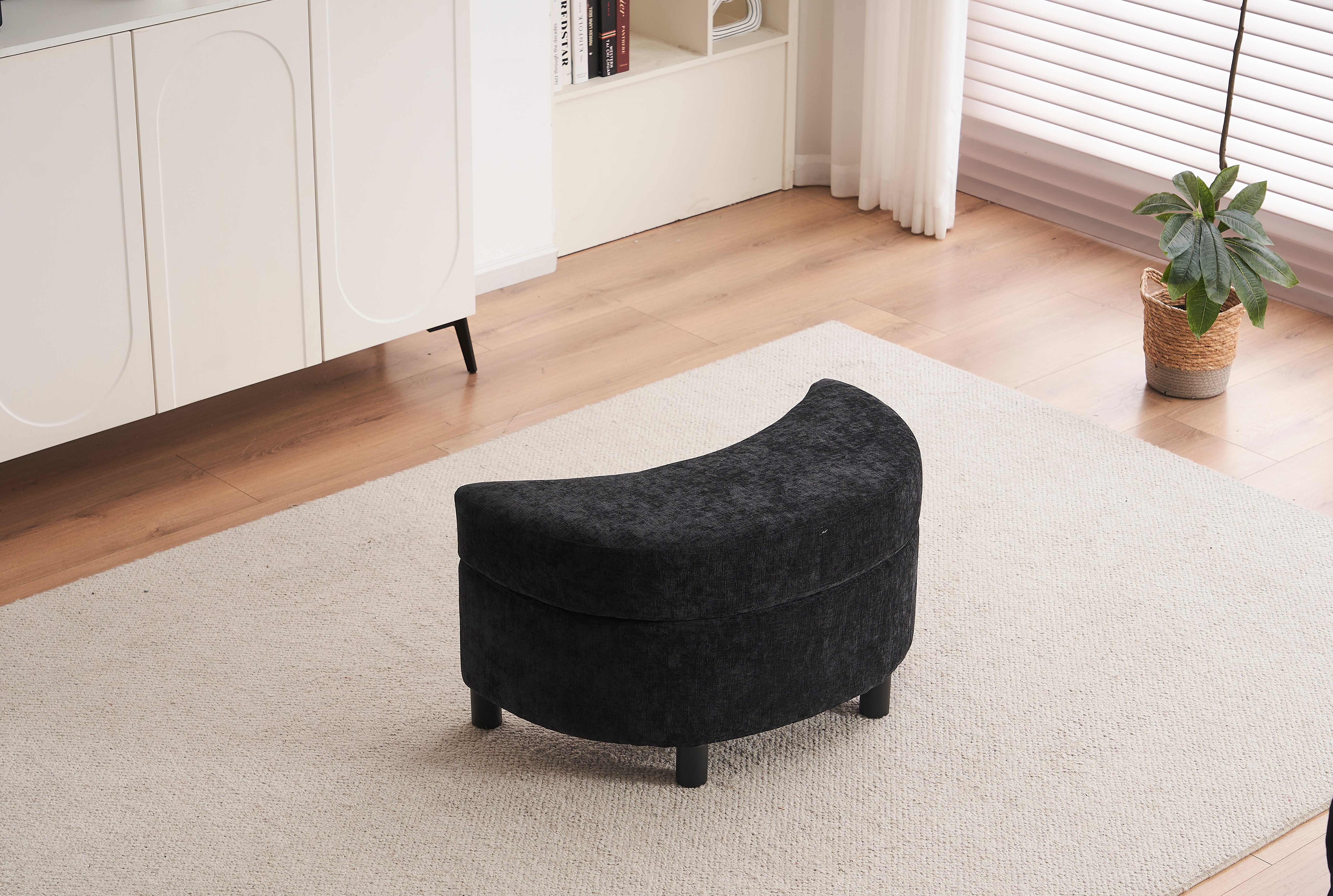 Chenille Swivel Armchair: 3 Back Cushion Pillow Ottoman Crescent Stool, Black