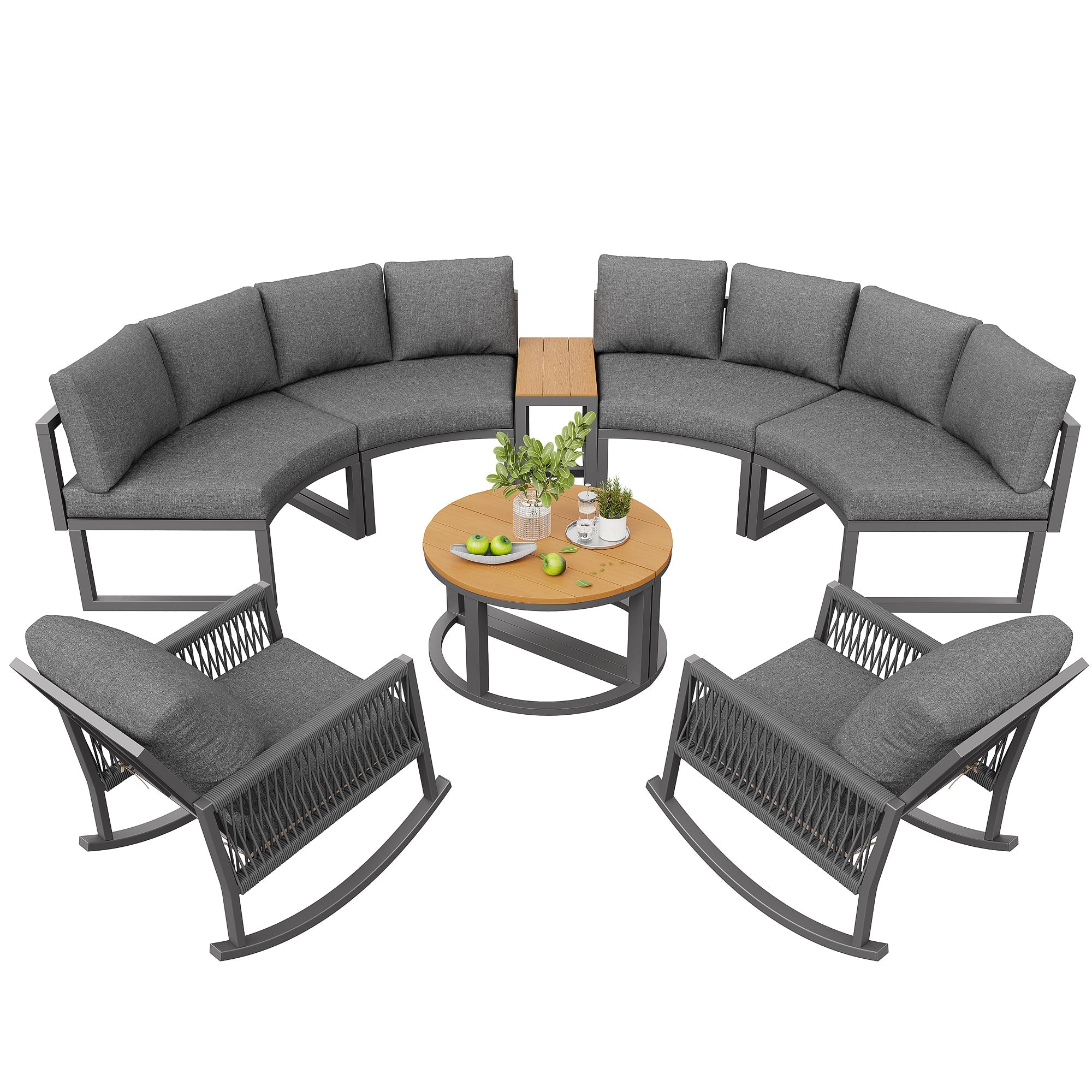 Garden Furniture Set for 4-6 People with Round Sofa and Two Rocking Chairs, Grey
