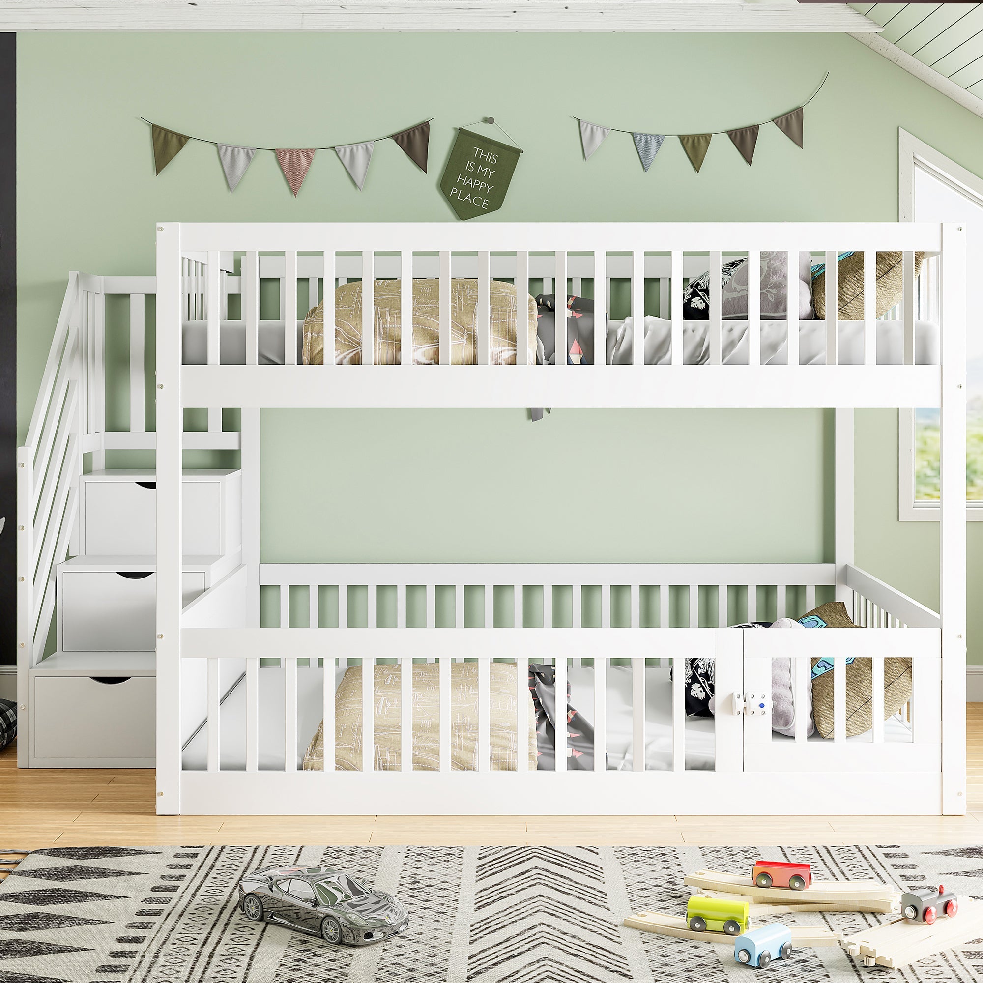 Bunk Bed 140x200, with Safety Stairs and Storage Drawers, White Wood