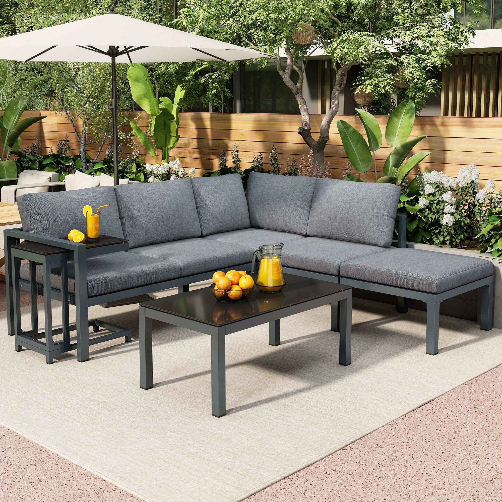 Outdoor Garden Terrace Lounge Sofa Set, 4-5 Person Corner Sofa with Side & Coffee Table, Grey