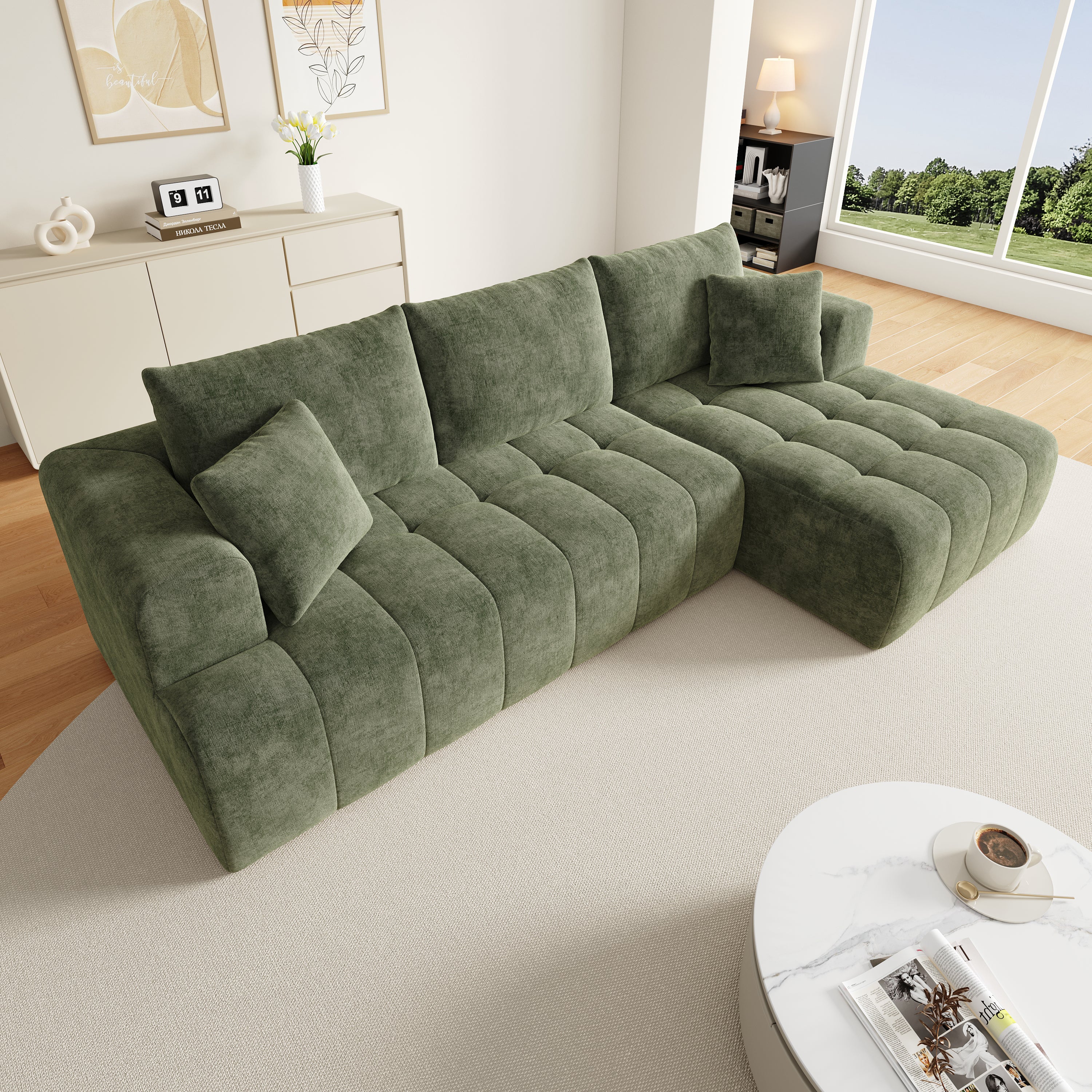 Modular L-shaped Cloud Sofa, Frameless Low-profile Design, Green Chenille Fabric