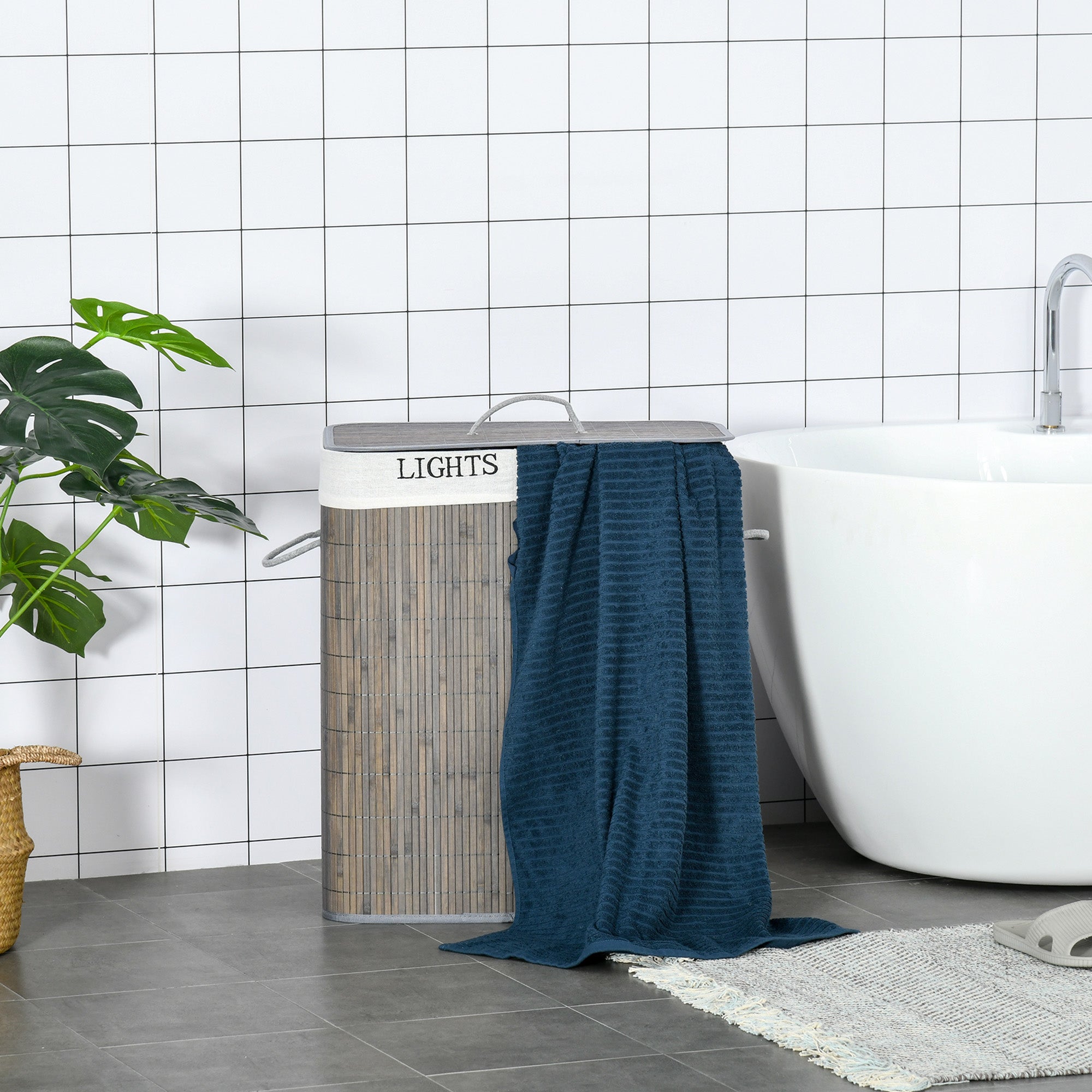 Laundry Basket 100L 2 Compartments Foldable Bamboo, Grey