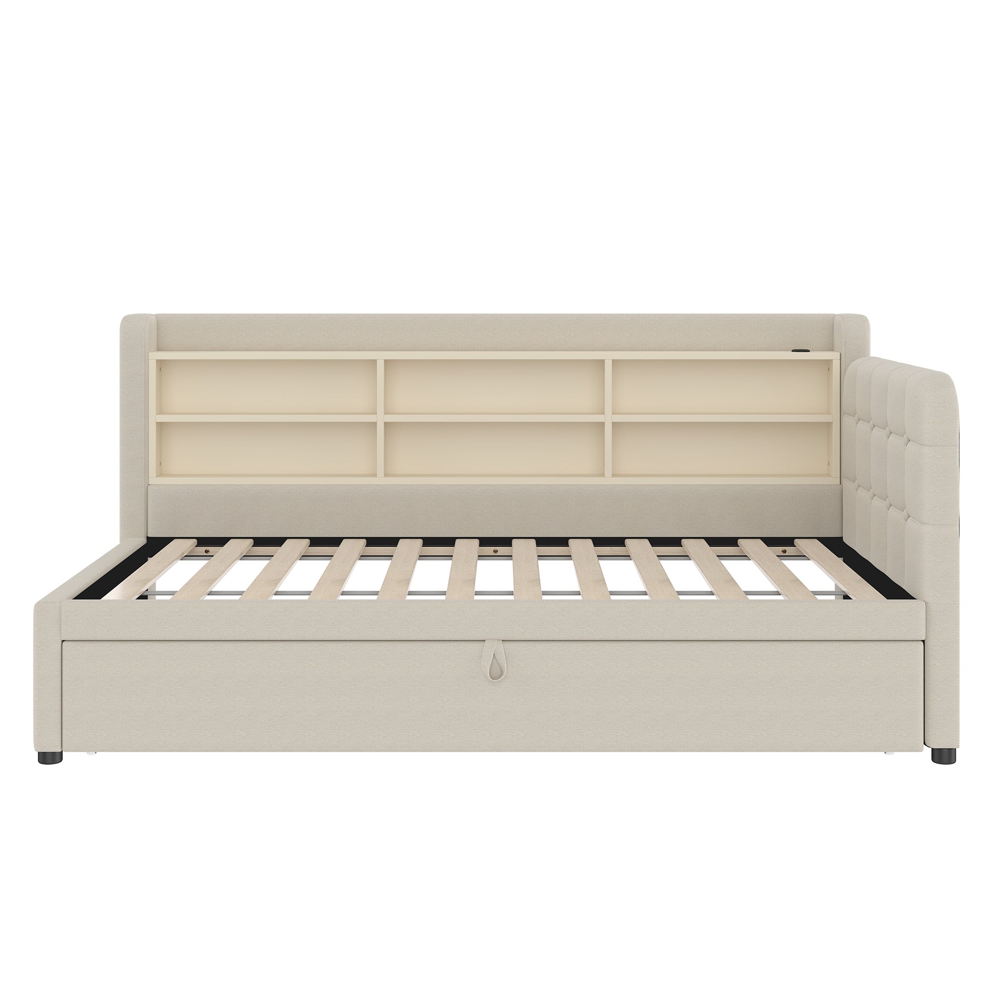 Daybed Sofa Bed 90x200cm Pull-out Bed USB/Type-C Storage Shelves - Linen Beige