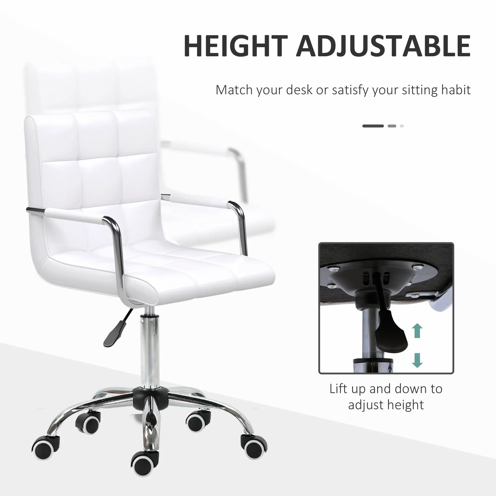 Office Chair Mid Back Computer Chair Swivel with Adjustable Height and Armrest PU Leather, White