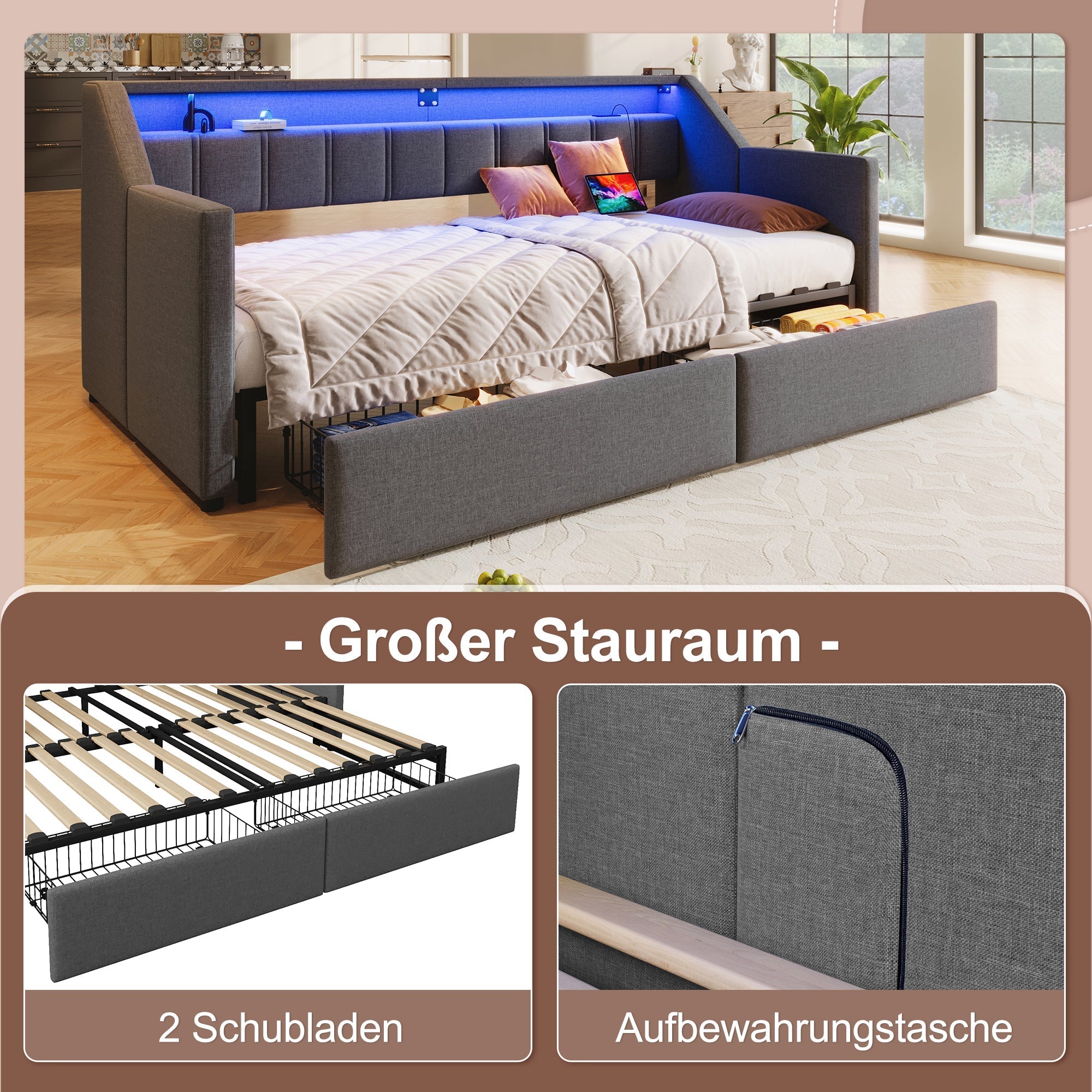 Daybed Sofa Bed Pull-out 90x200cm USB Type-C LED 2 Drawers Grey