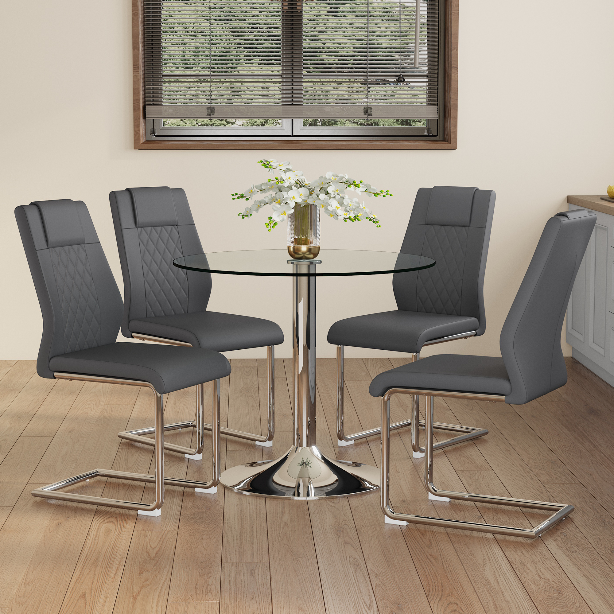 Dining Table Set 85cm Tempered Glass Table 4 Chairs - Black PU Silver Legs