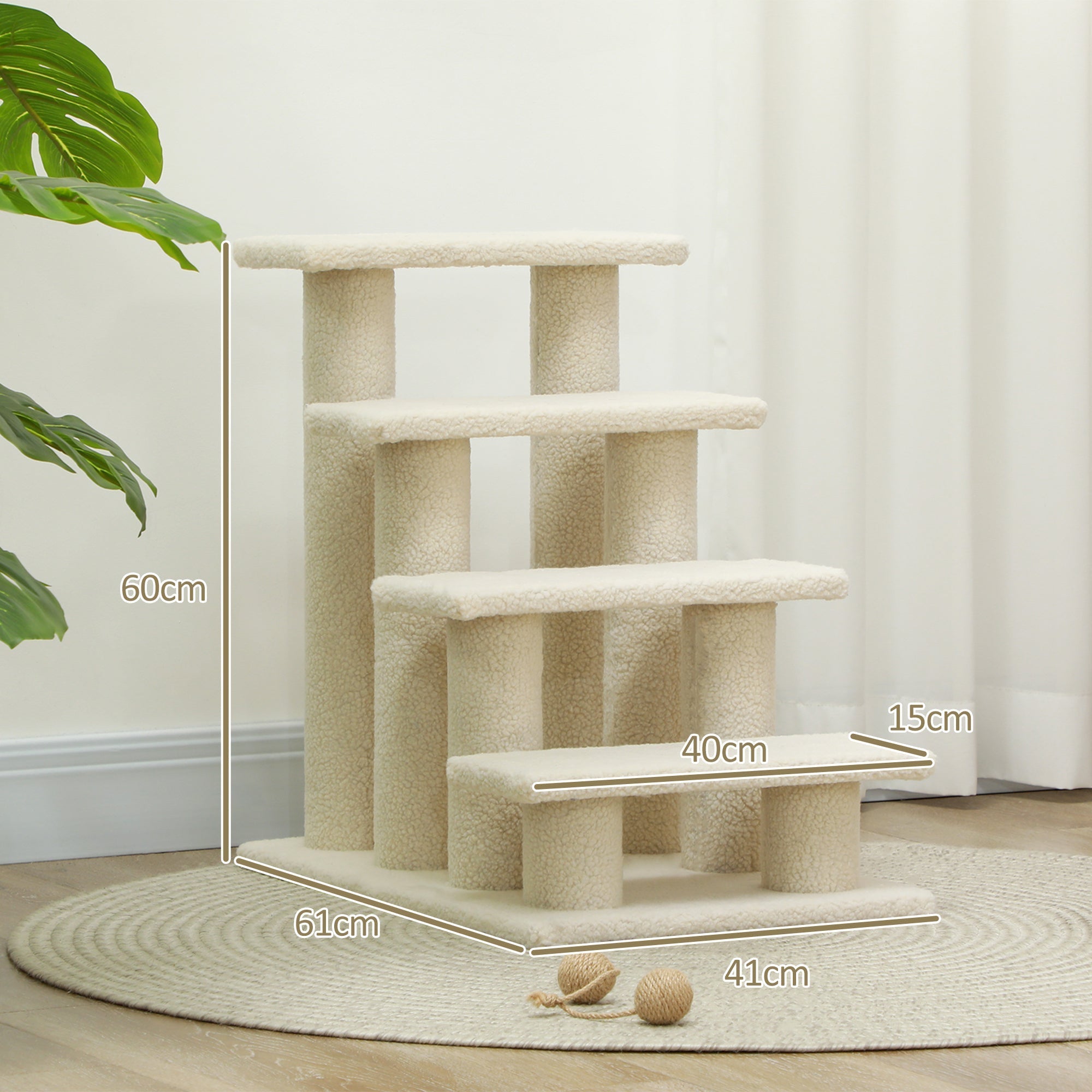 Haustiertreppe, 4 Stufen, ideal für ältere Tiere, Plüsch Beige