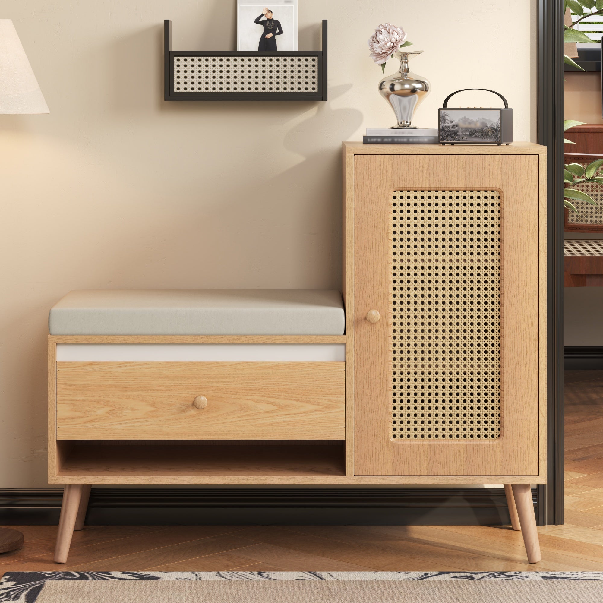 Shoe Cabinet, Entryway Bench with Storage Drawers and Seat Cushion, Rattan