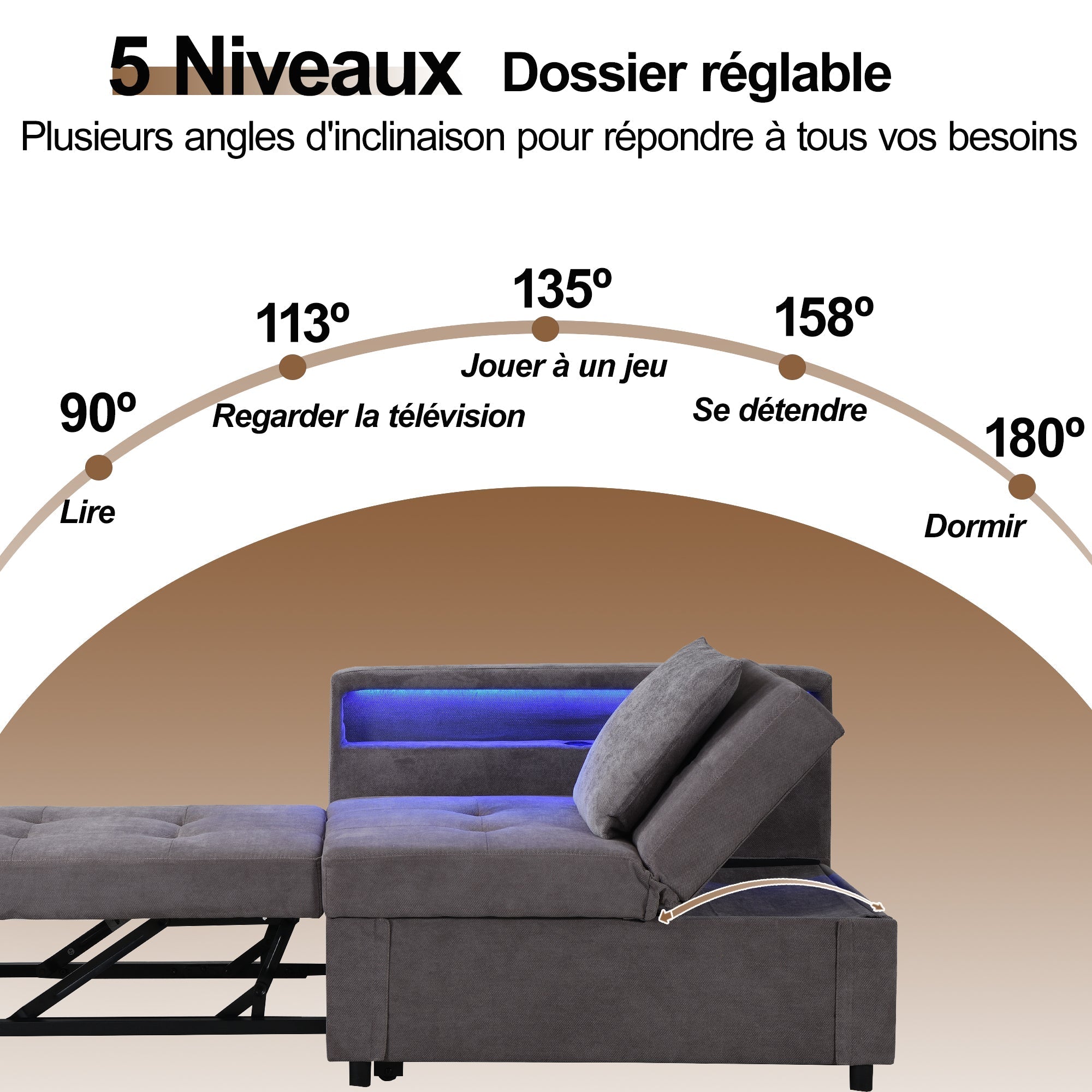 Upholstered Sleeper Sofa, 3-in-1 Multifunctional LED USB Ports, Linen Fabric