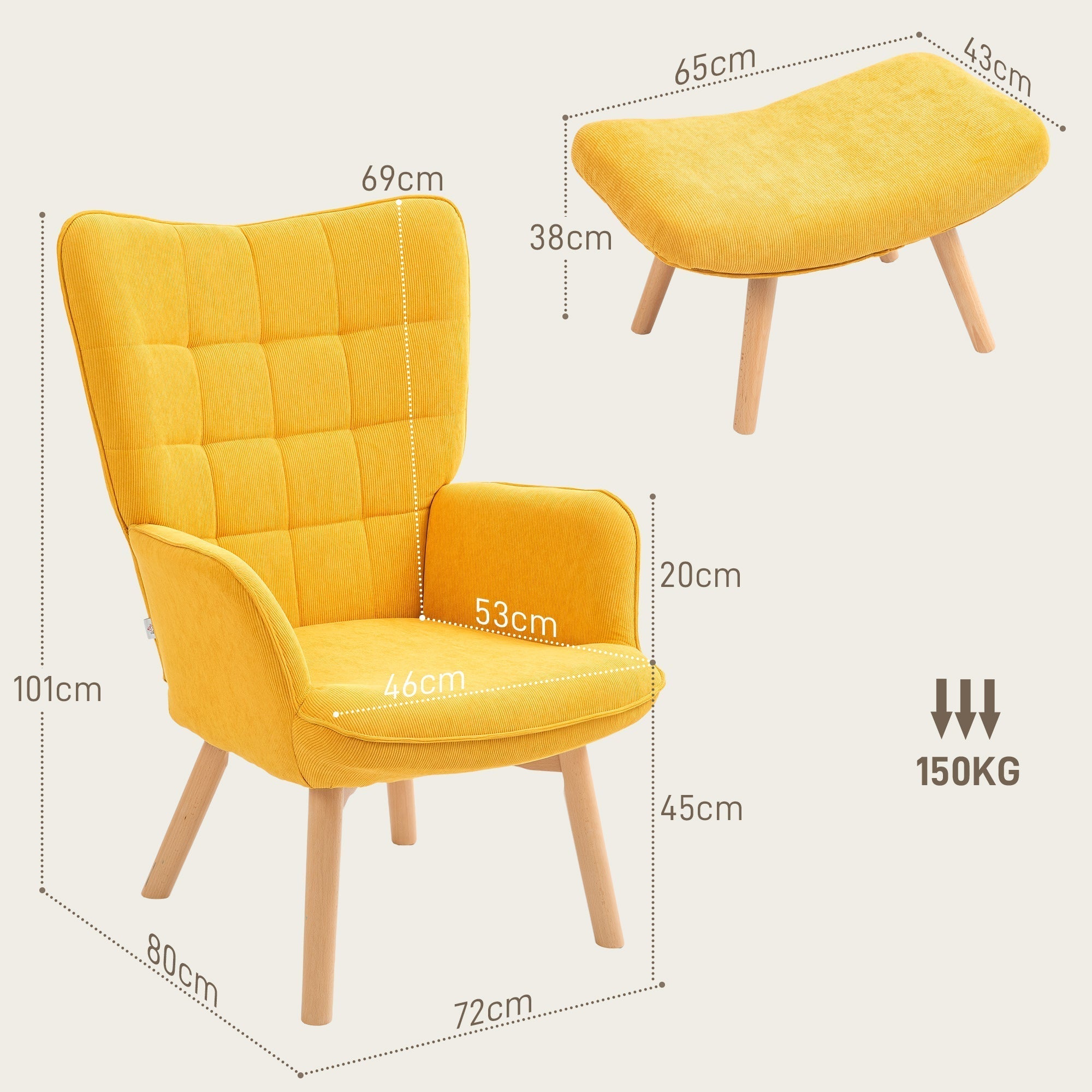 Wingback Chair with Footstool Recliner Wooden Legs, Corduroy Orange