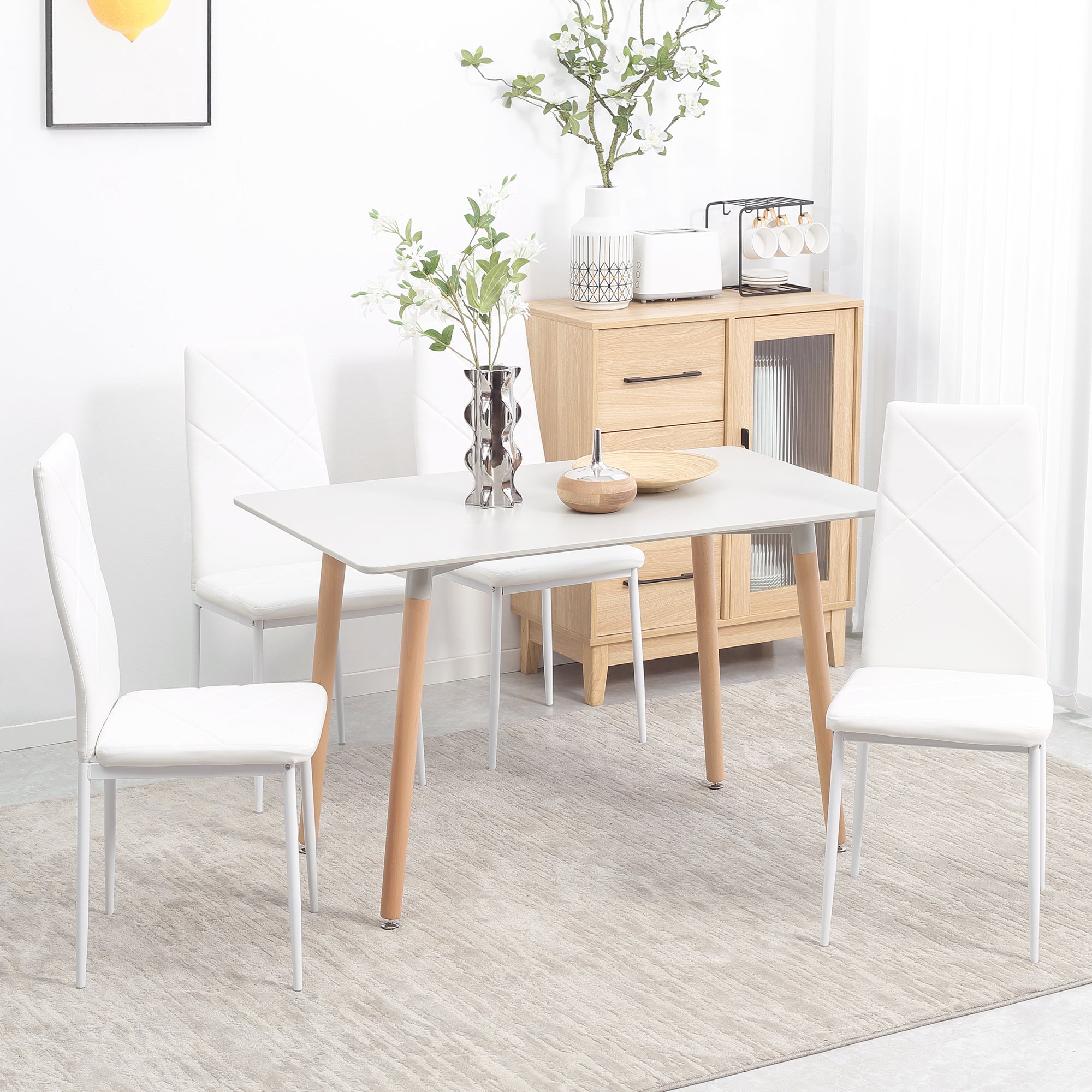 Dining Chair, Set of 4 Upholstered with Steel Legs, Faux Leather, White