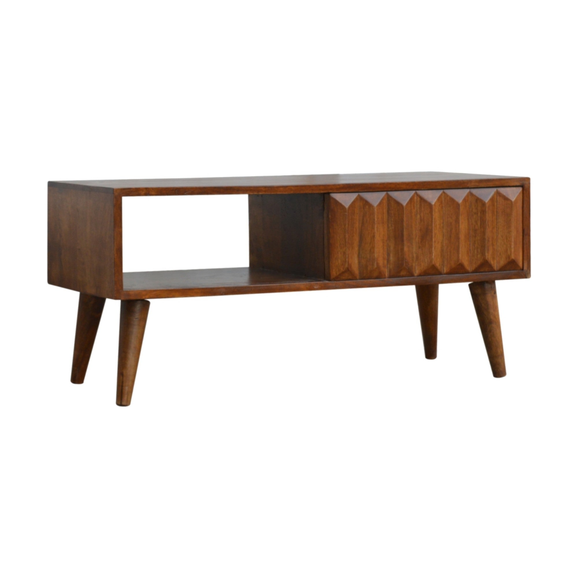 Solid Wood Chestnut Prism Sliding Media Unit, Open Slot, Dark Brown