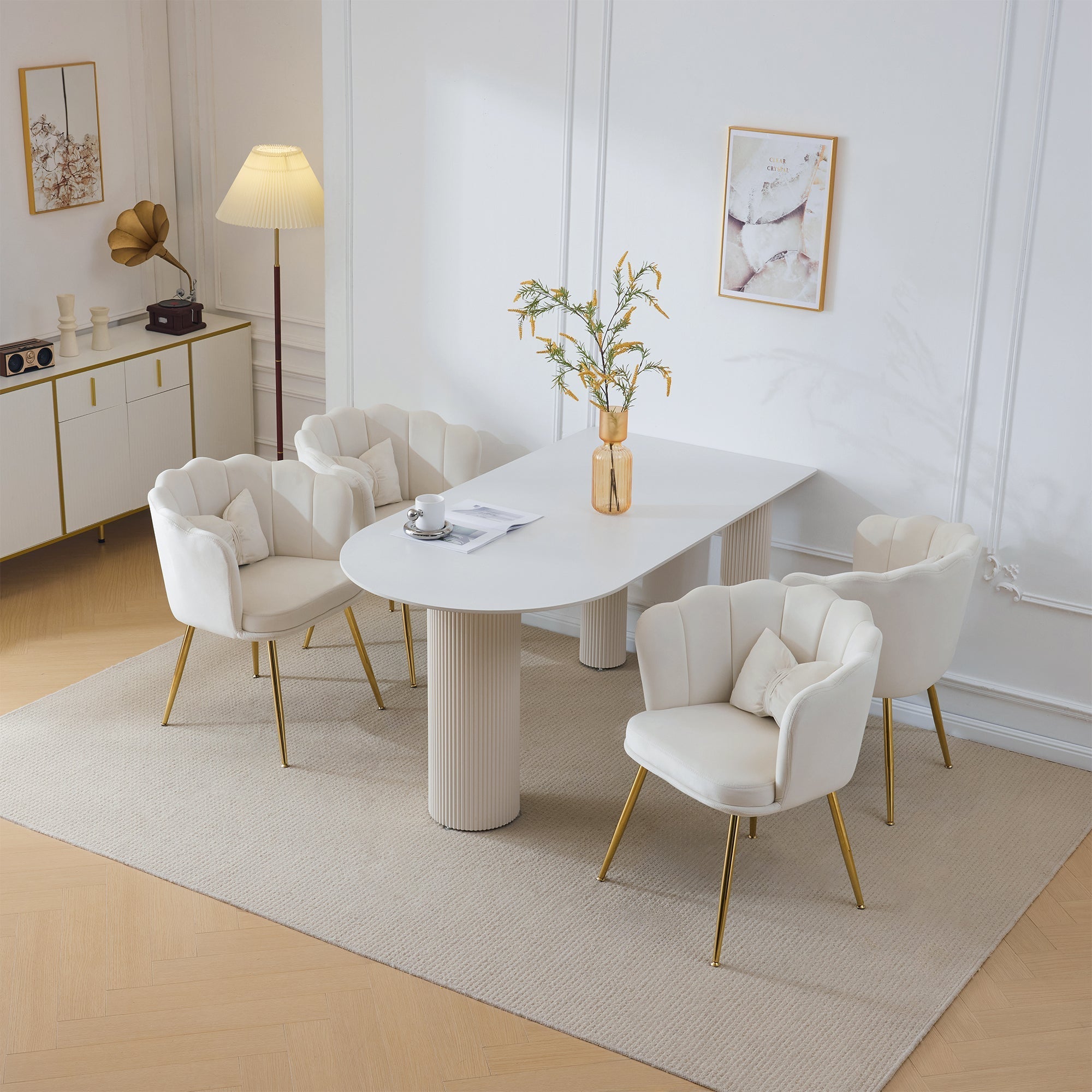 Chairs, 4 Modern Velvet Petal Back Upholstered with Gold Metal Legs and Butterfly Cushions, Velvet