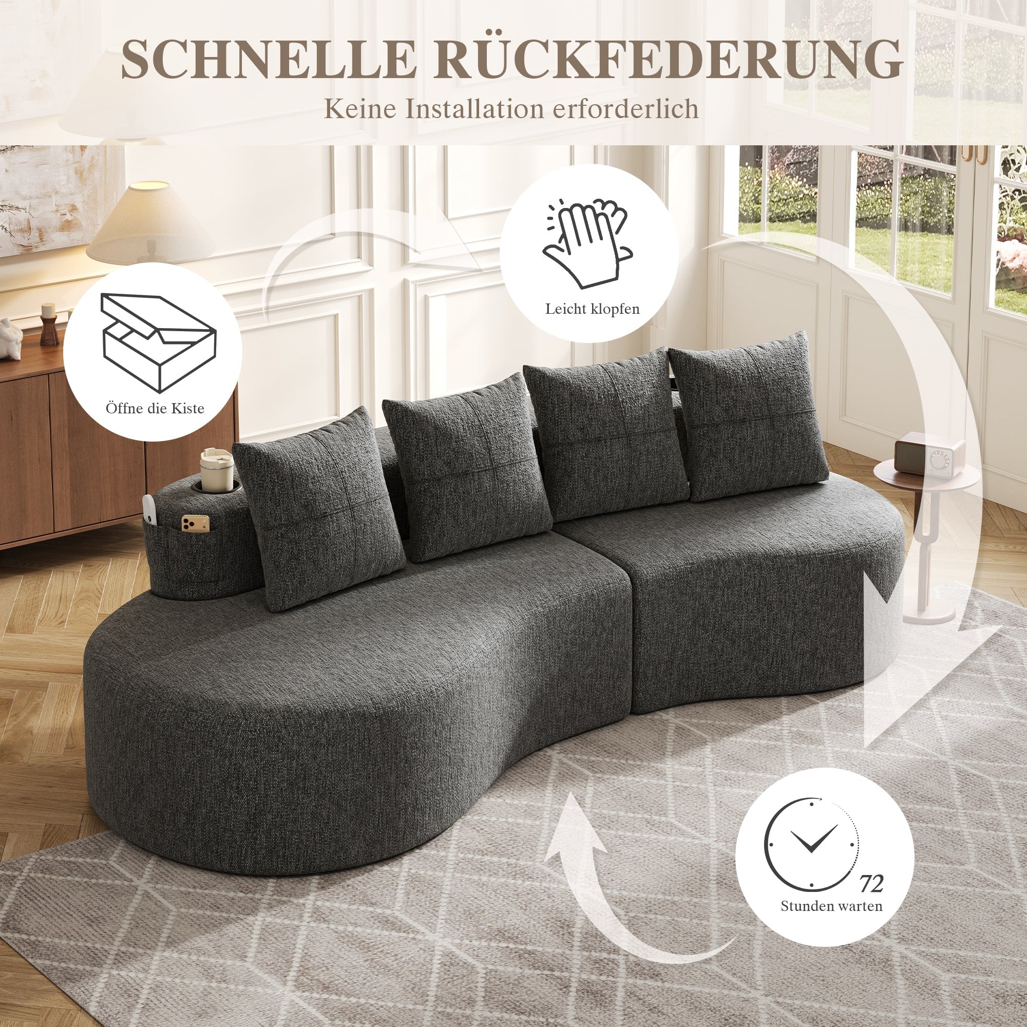 Linen Sofa with 4 Cushions, Cup Holder and Side Pocket, Dark Grey