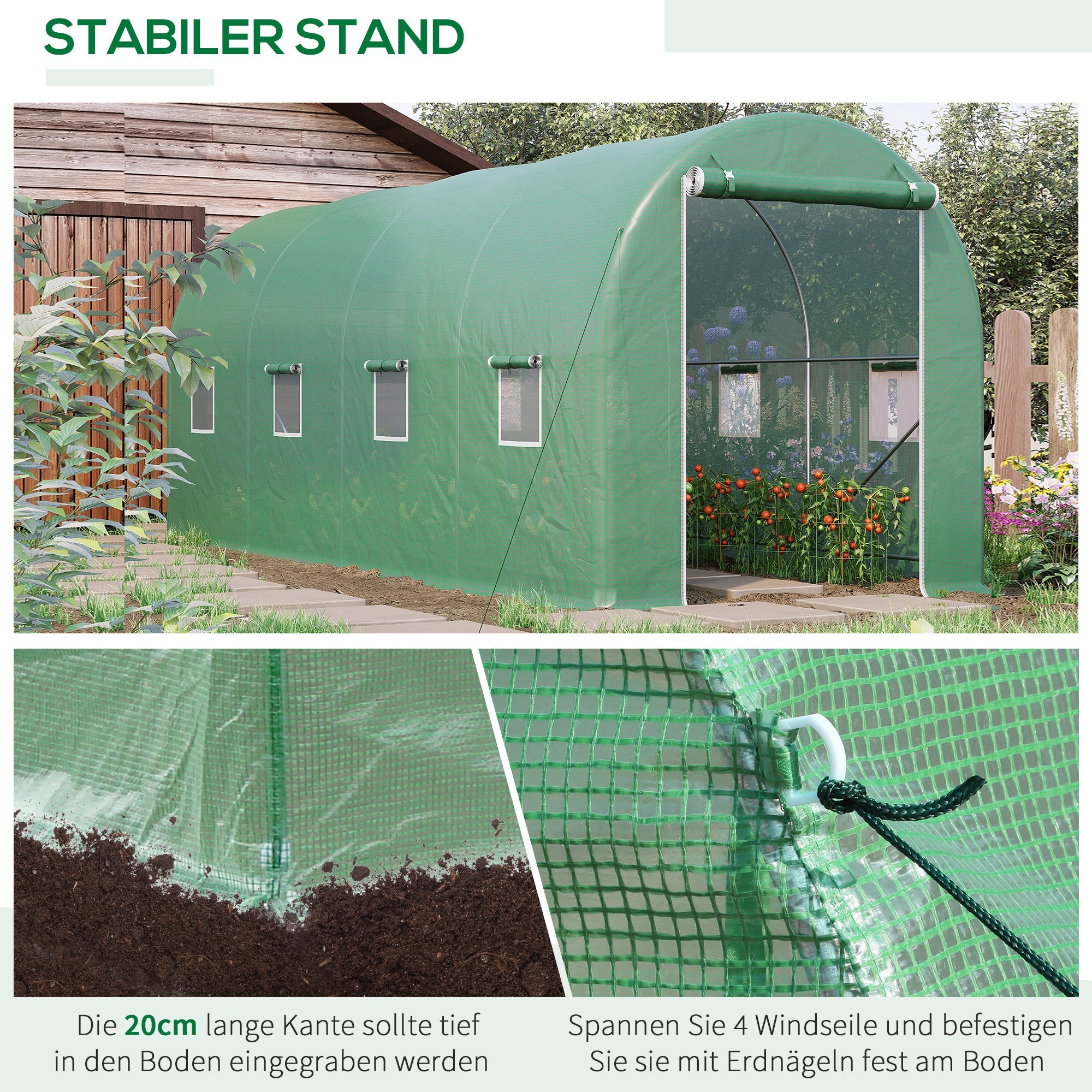 Polytunnel Greenhouse with Window, 500x200x210cm, for Tomato & Plant Cultivation, Green