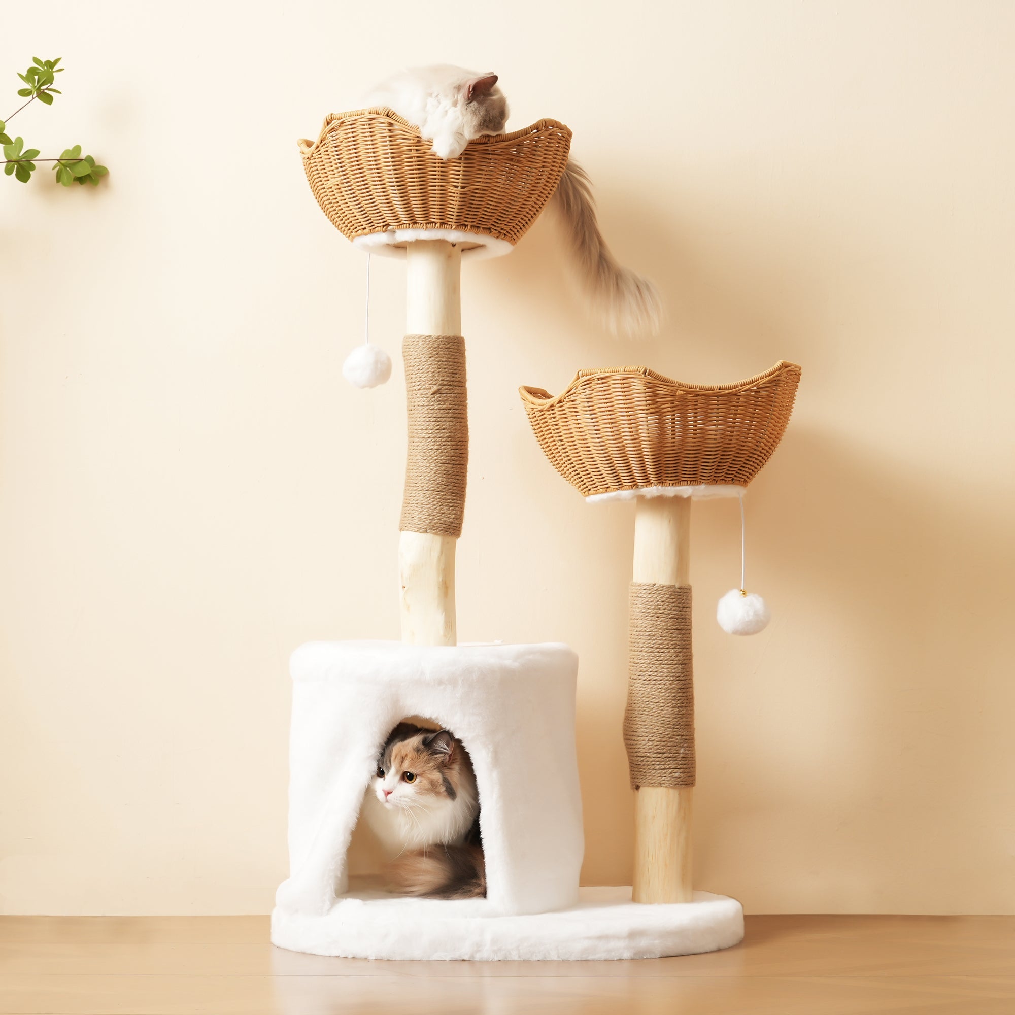 Solid Wood Cat Tree 108cm, Scratching Post 2 Baskets & Cave for Large Cats, Natural Wood & Sisal