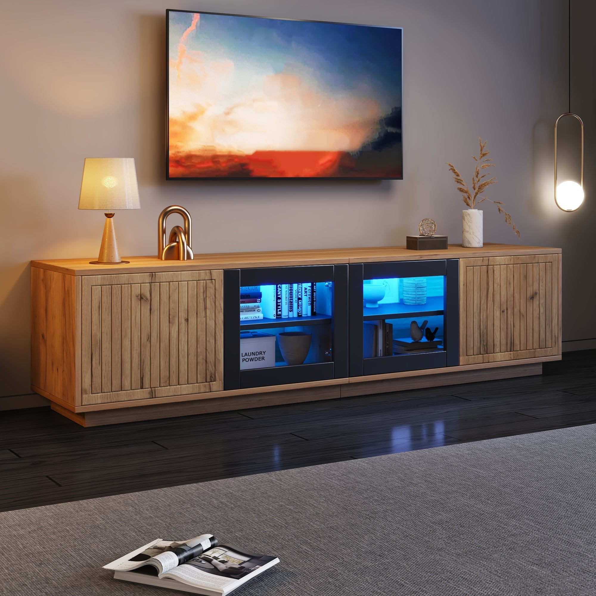 TV Cabinet 180cm for 75 Inch TV, LED Light Strip, Natural Wood & Black Glass