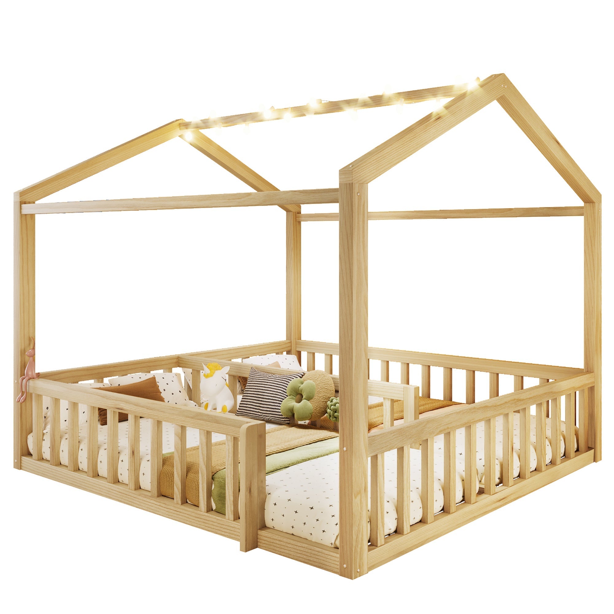 Children's Flatbed Expandable 90/180x190cm House Railing LED Pine Wood Natural