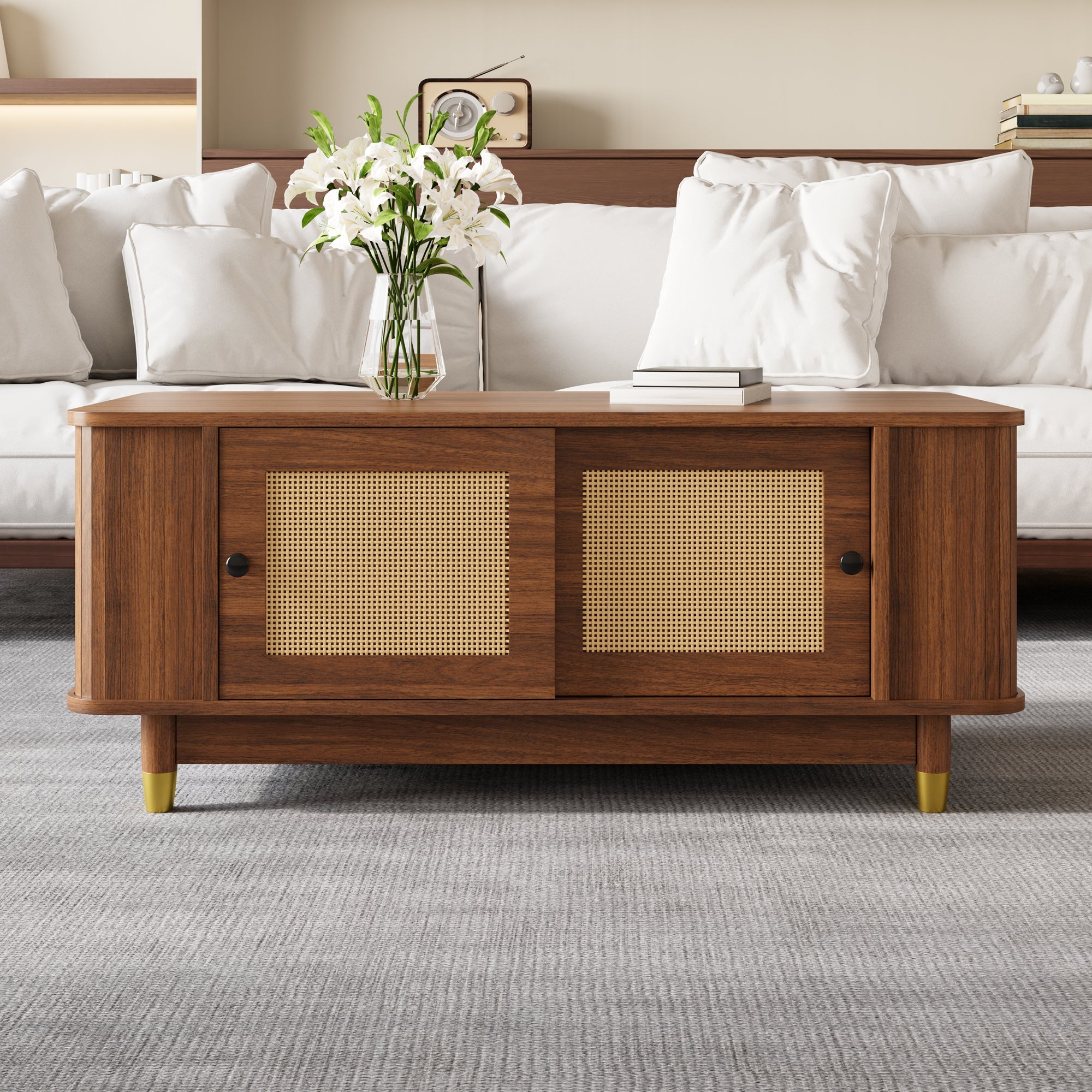 Coffee Table with Rattan Sliding Doors and Rounded Corners, Modern Wood Look MDF