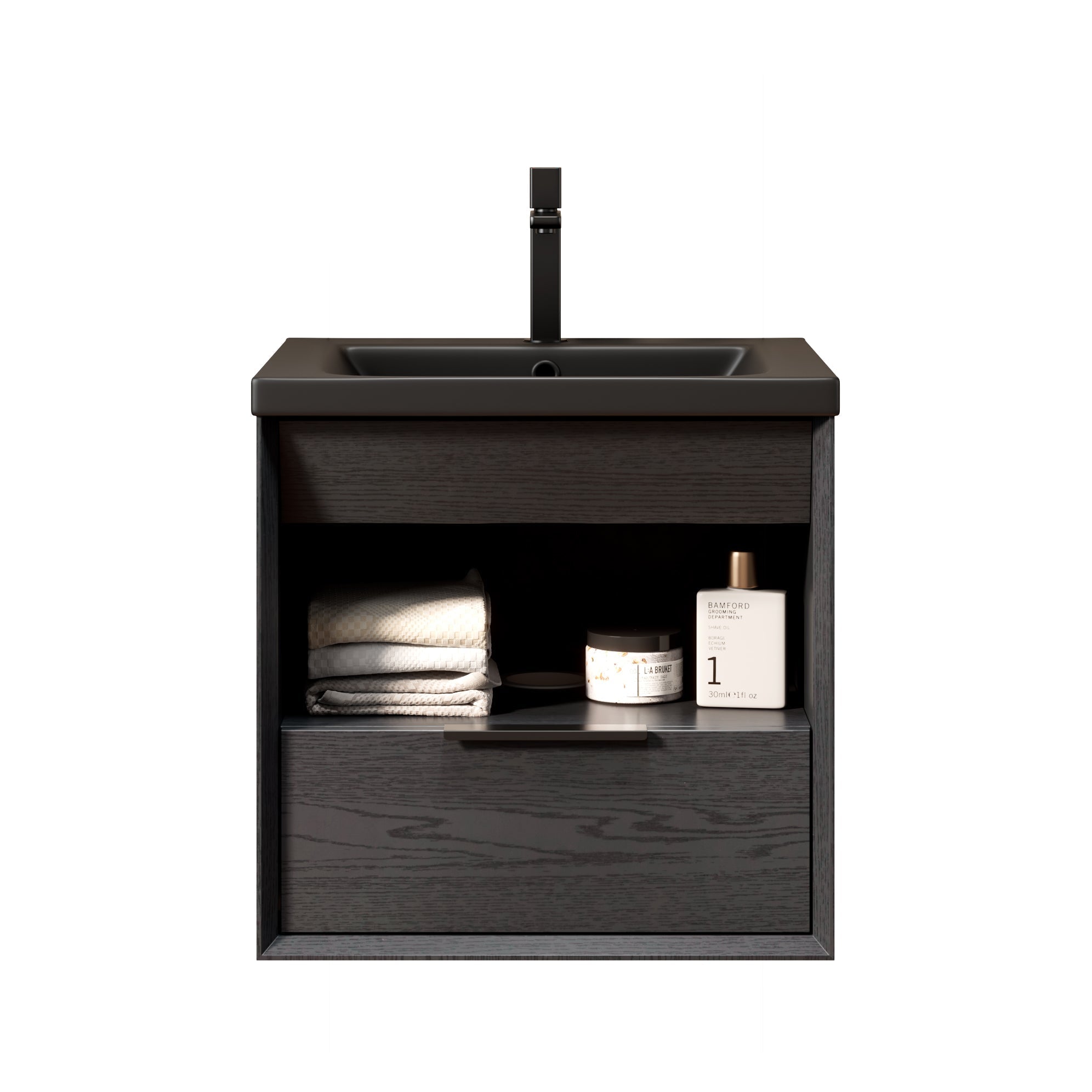 Floating Bathroom Vanity Unit with Ceramic Sink and Storage Drawer, Black Wood Grain