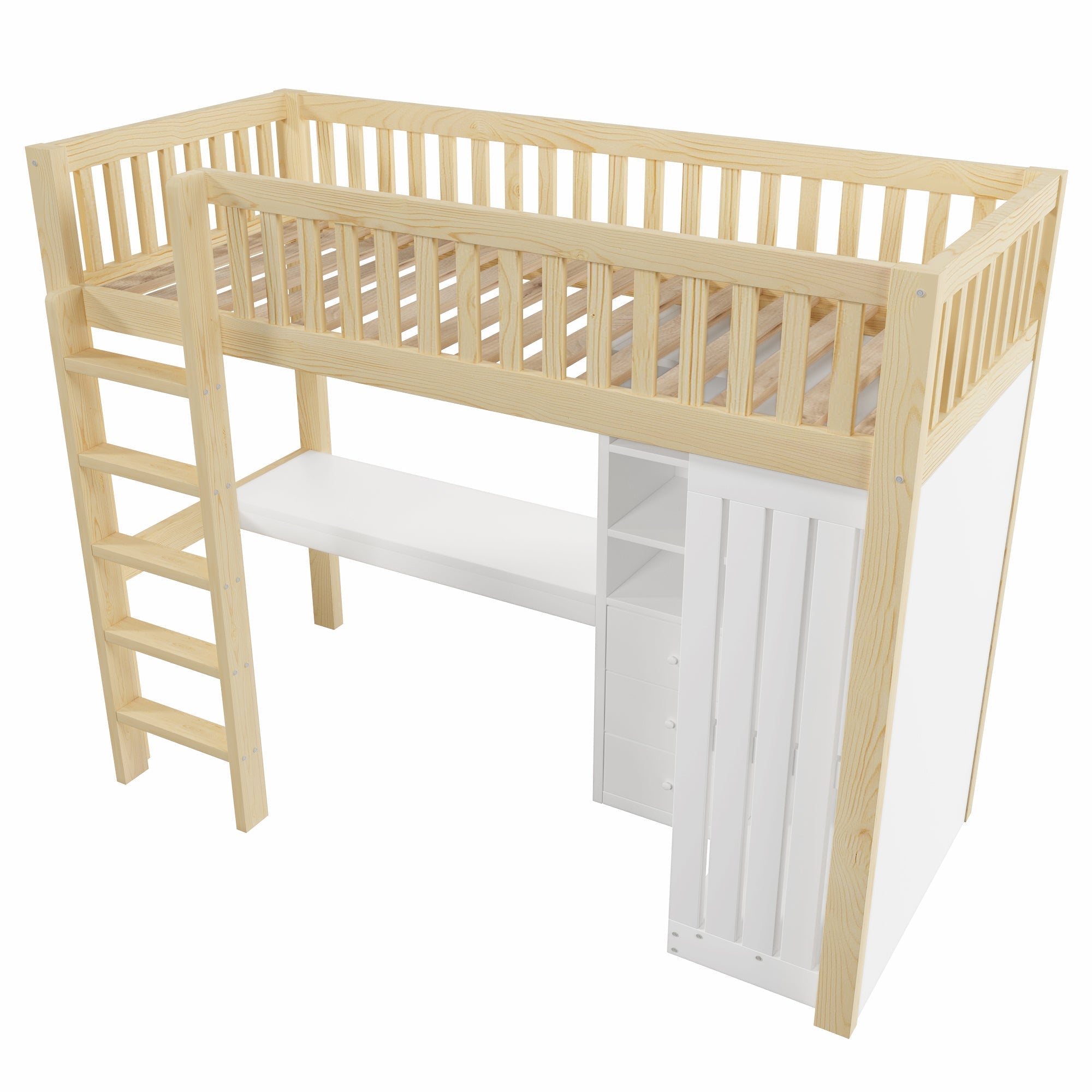 Loft Bed with Desk, Wardrobe and 3 Drawers, Natural