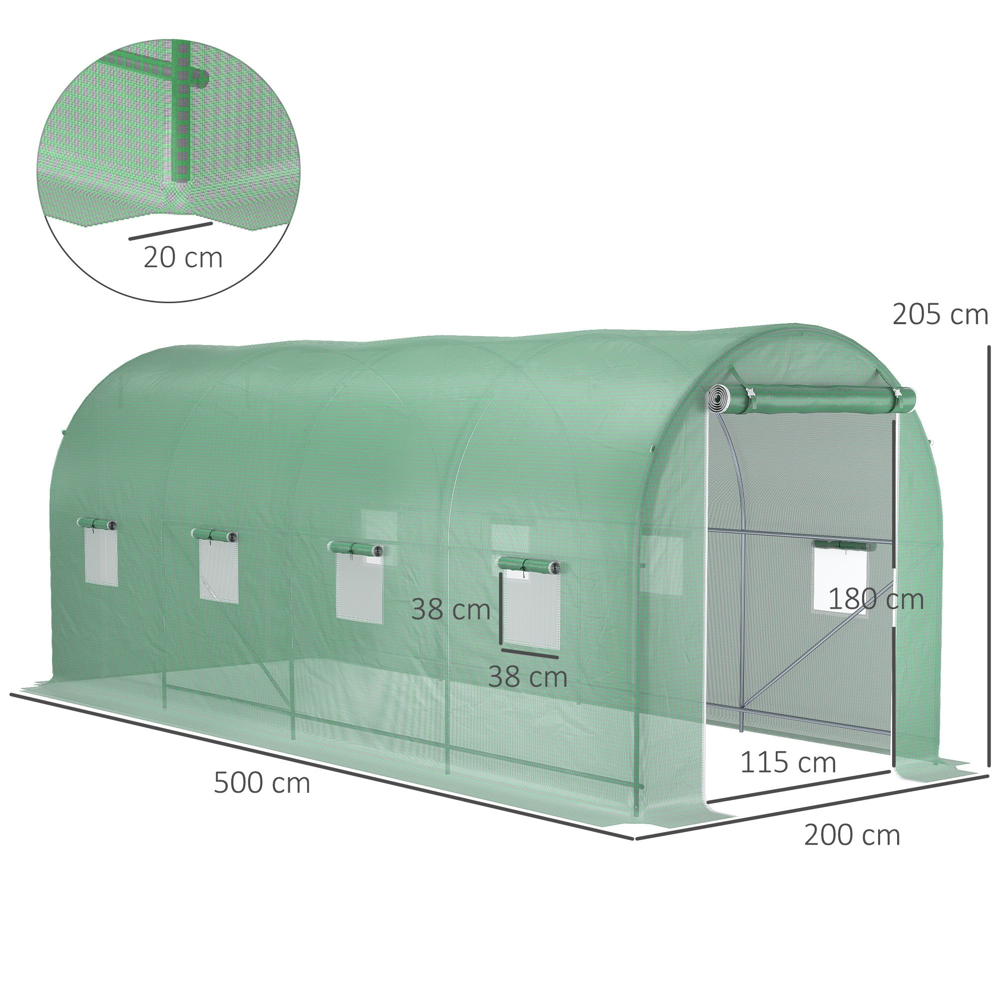 Polytunnel Greenhouse with Window, 500x200x210cm, for Tomato & Plant Cultivation, Green