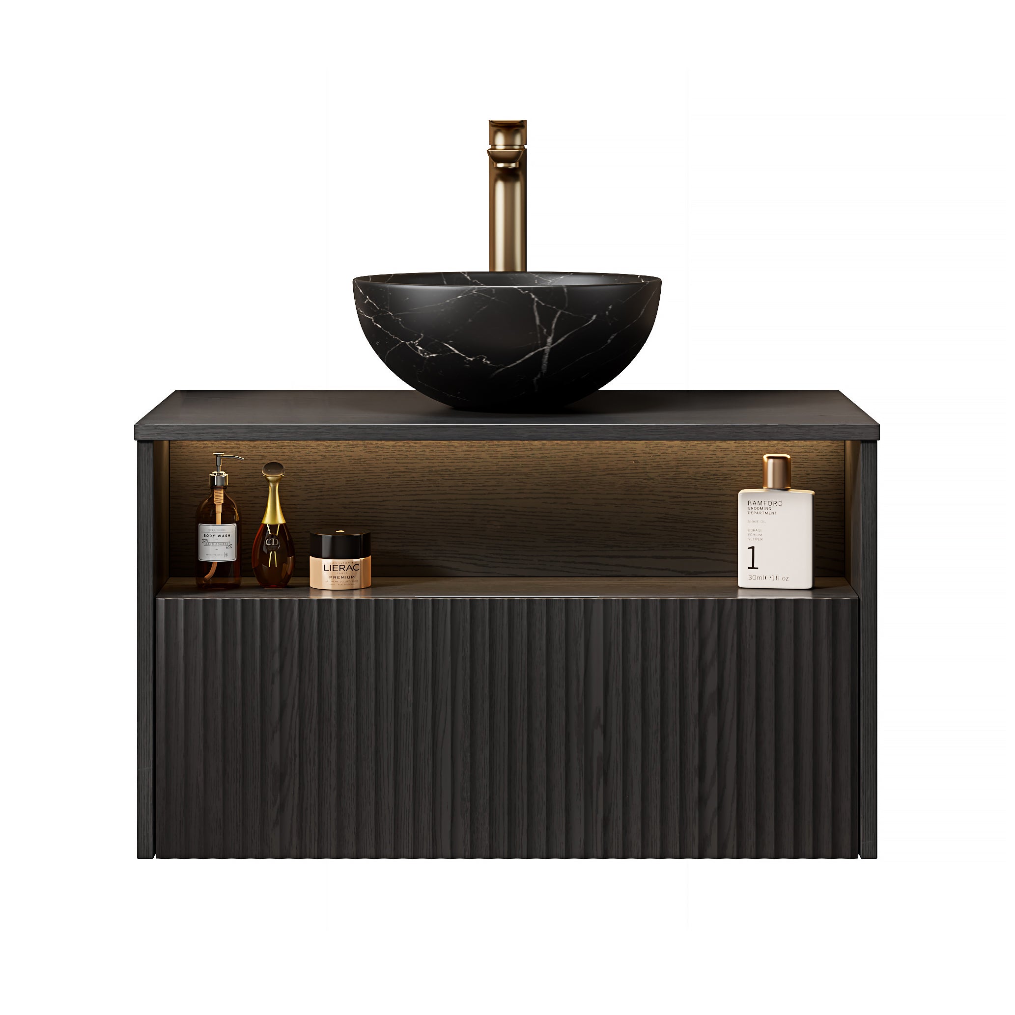 Floating Bathroom Washbasin with Ceramic Bowl and Sensor Light, 80cm Black Plywood Cabinet