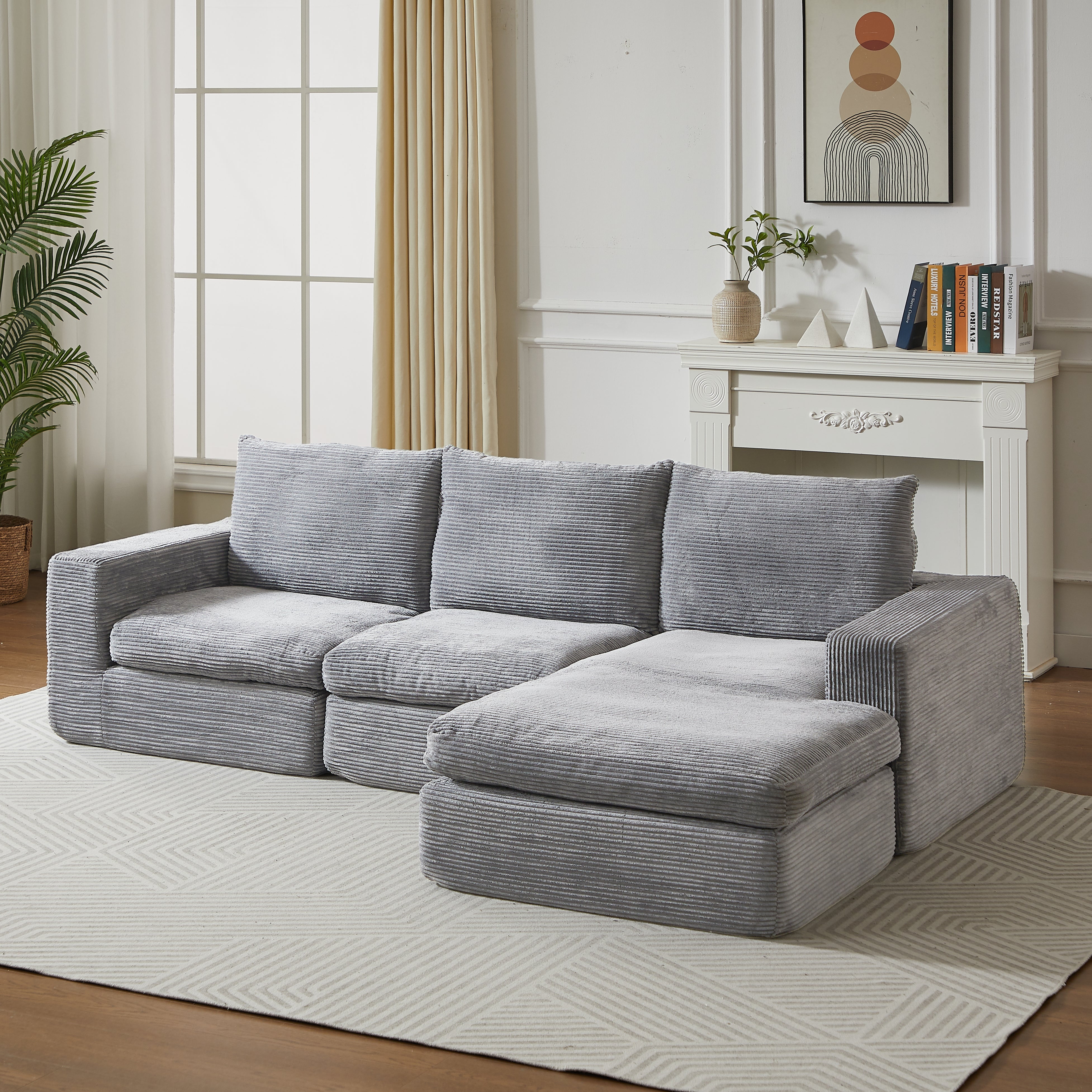 Boneless Couch with Chaise, L-Shaped Modern Upholstered Sofa, Three Cushions, No Assembly Required, Corduroy
