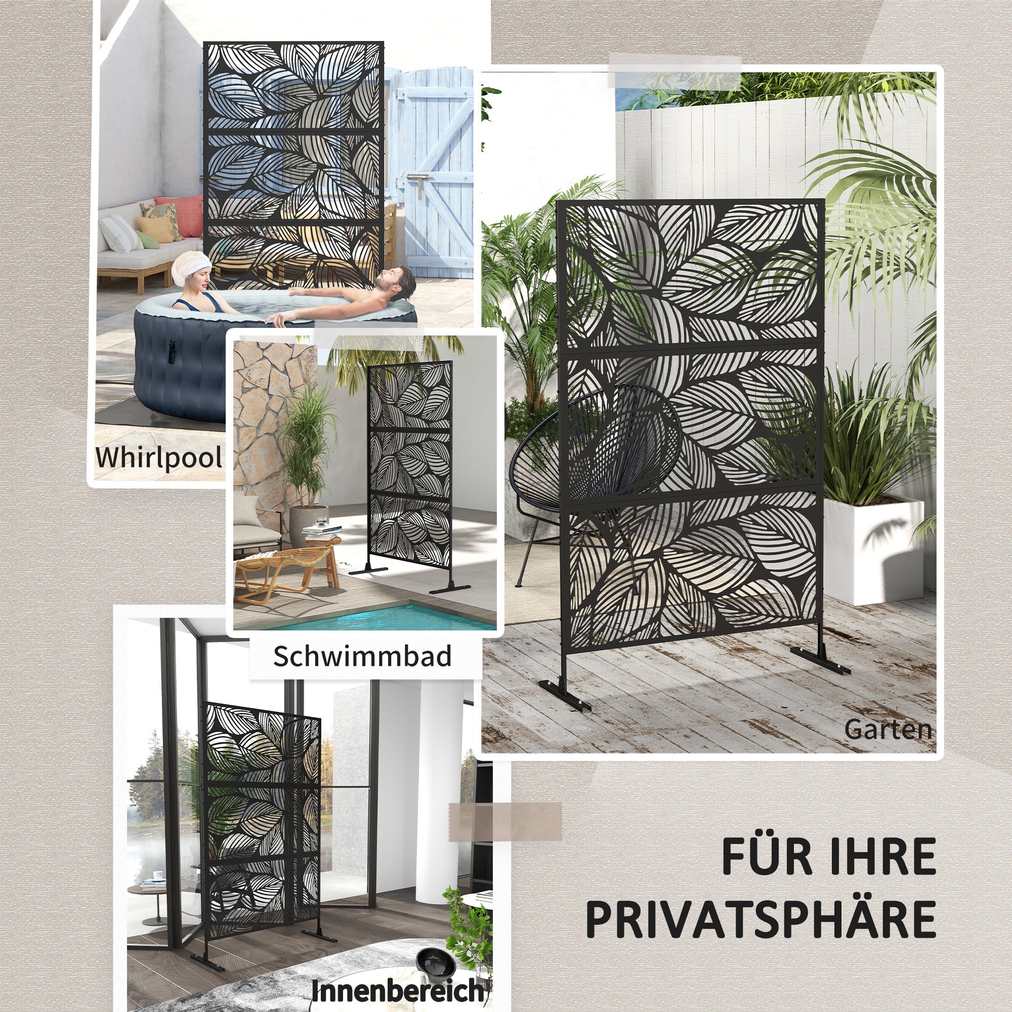 Garden Privacy Screen 122x198cm Balcony Leaf Pattern Steel, Black