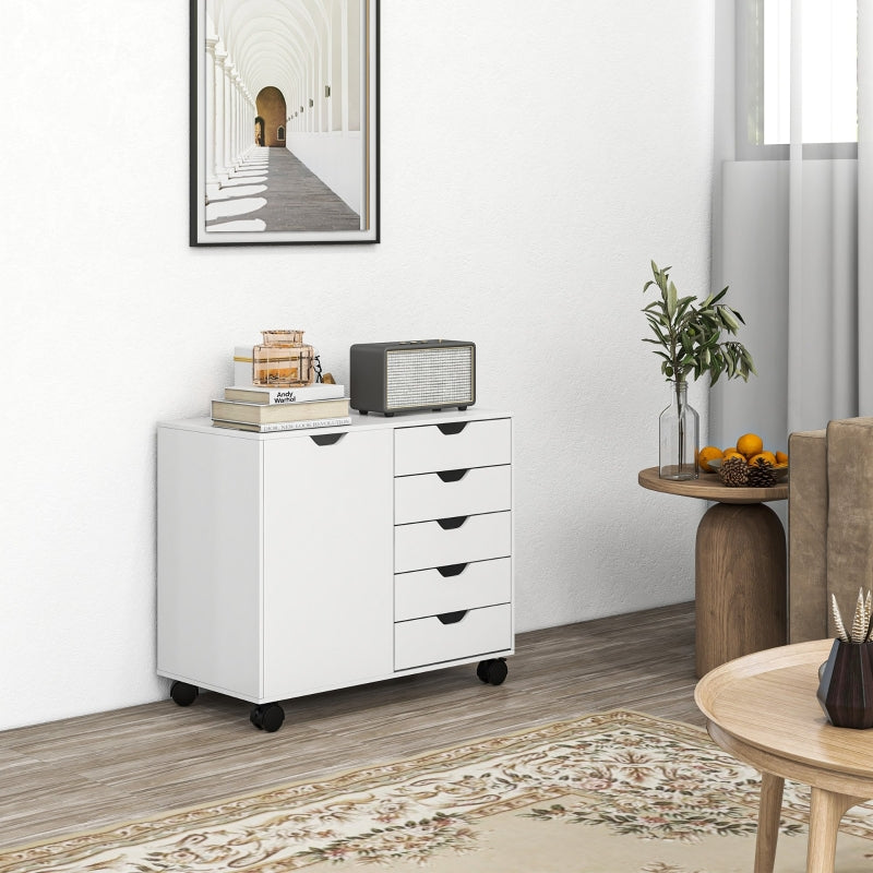 Multi-Storage Mobile Office Cabinet, 5-Drawer Cupboard Adjustable Shelf, White