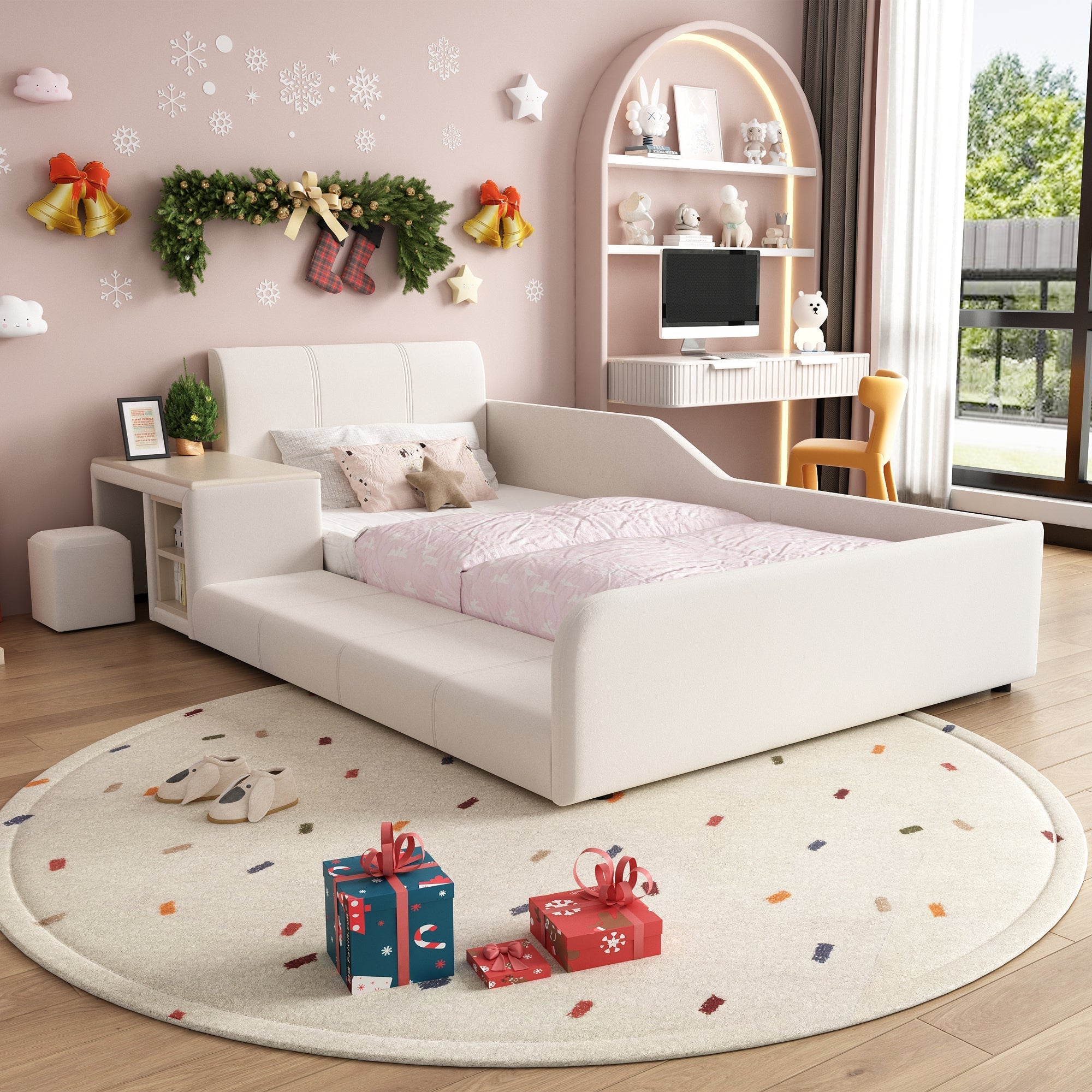 Upholstered Single Bed with Desk, Stool and Storage, 90x200cm, White Velvet