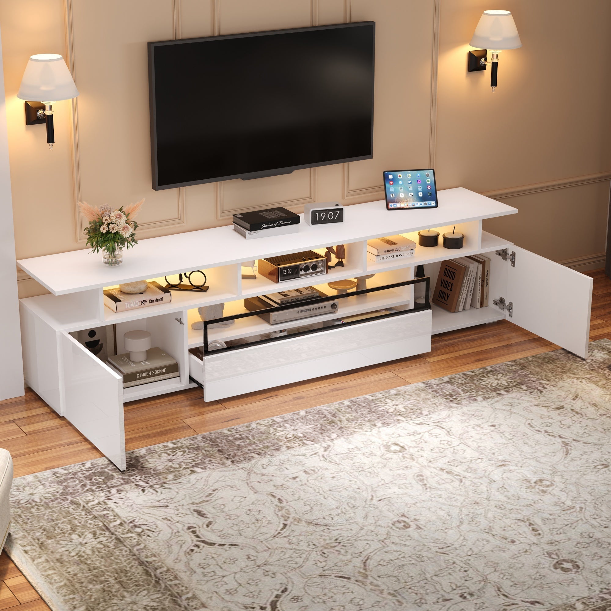 TV Cabinet, 180x38x45cm High-Gloss with 2 Cabinets, 1 Drawer, LED, for 75-inch TVs