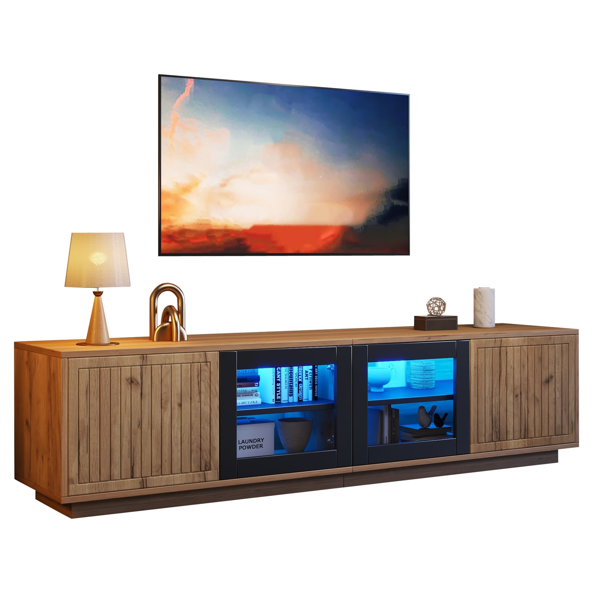 TV Cabinet 180cm for 75 Inch TV, LED Light Strip, Natural Wood & Black Glass