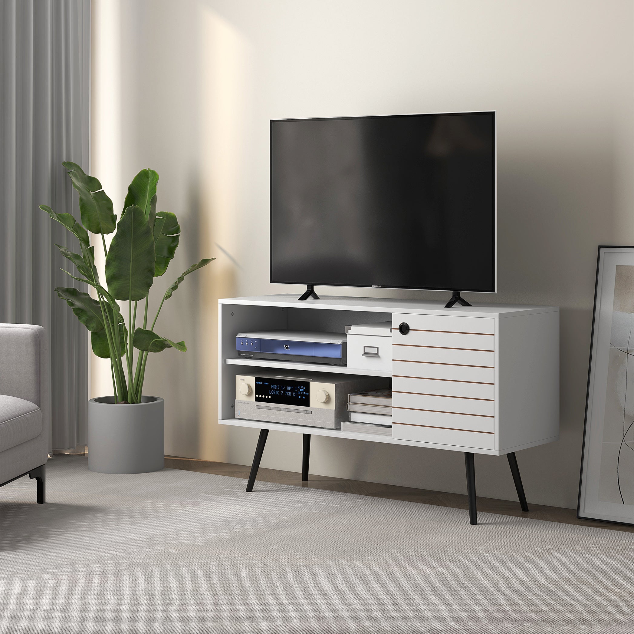 Duo Storage TV Unit, Striped Door - White