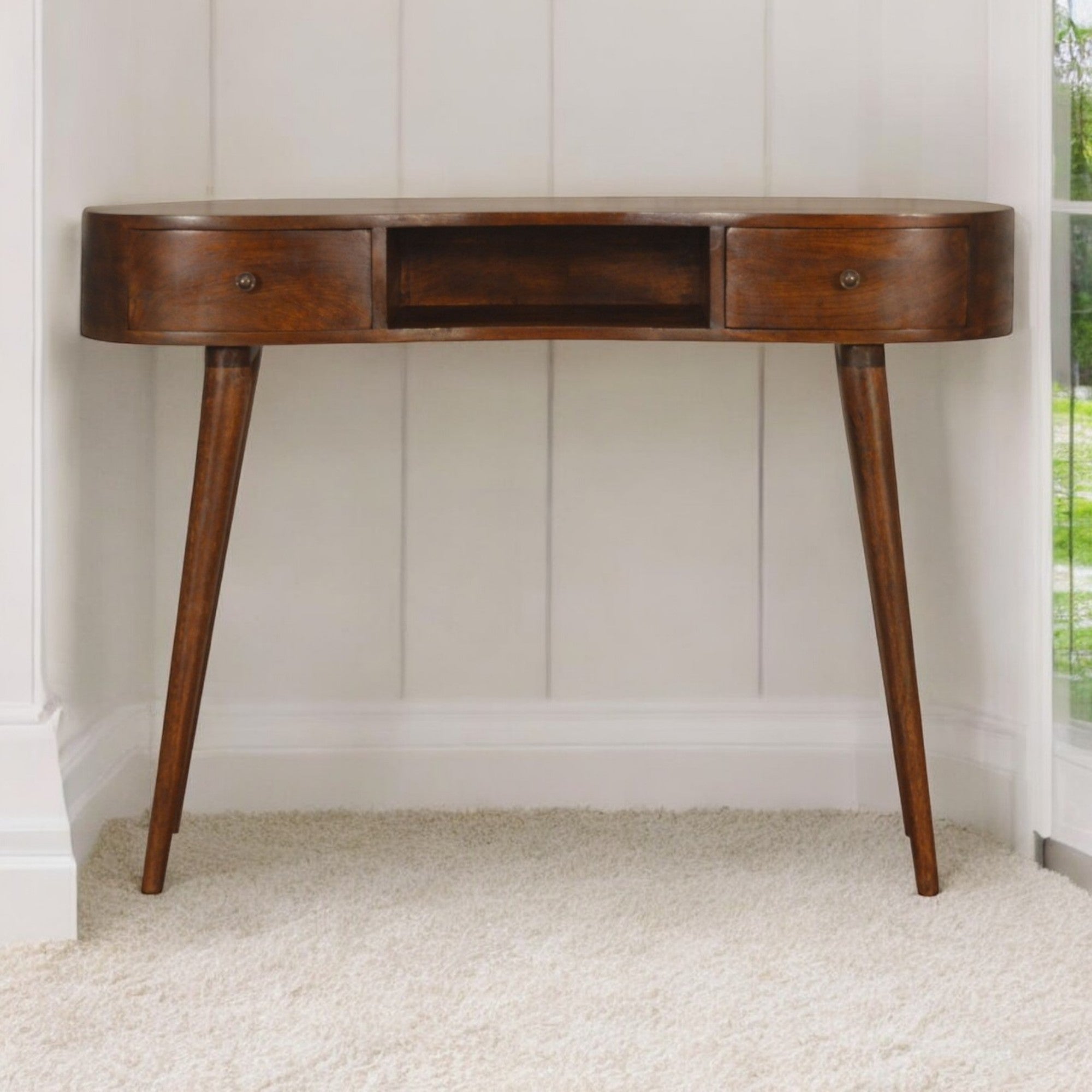 Solid Wood Writing Desk, Chestnut Wave 2 Drawers Open Slot, Dark Brown