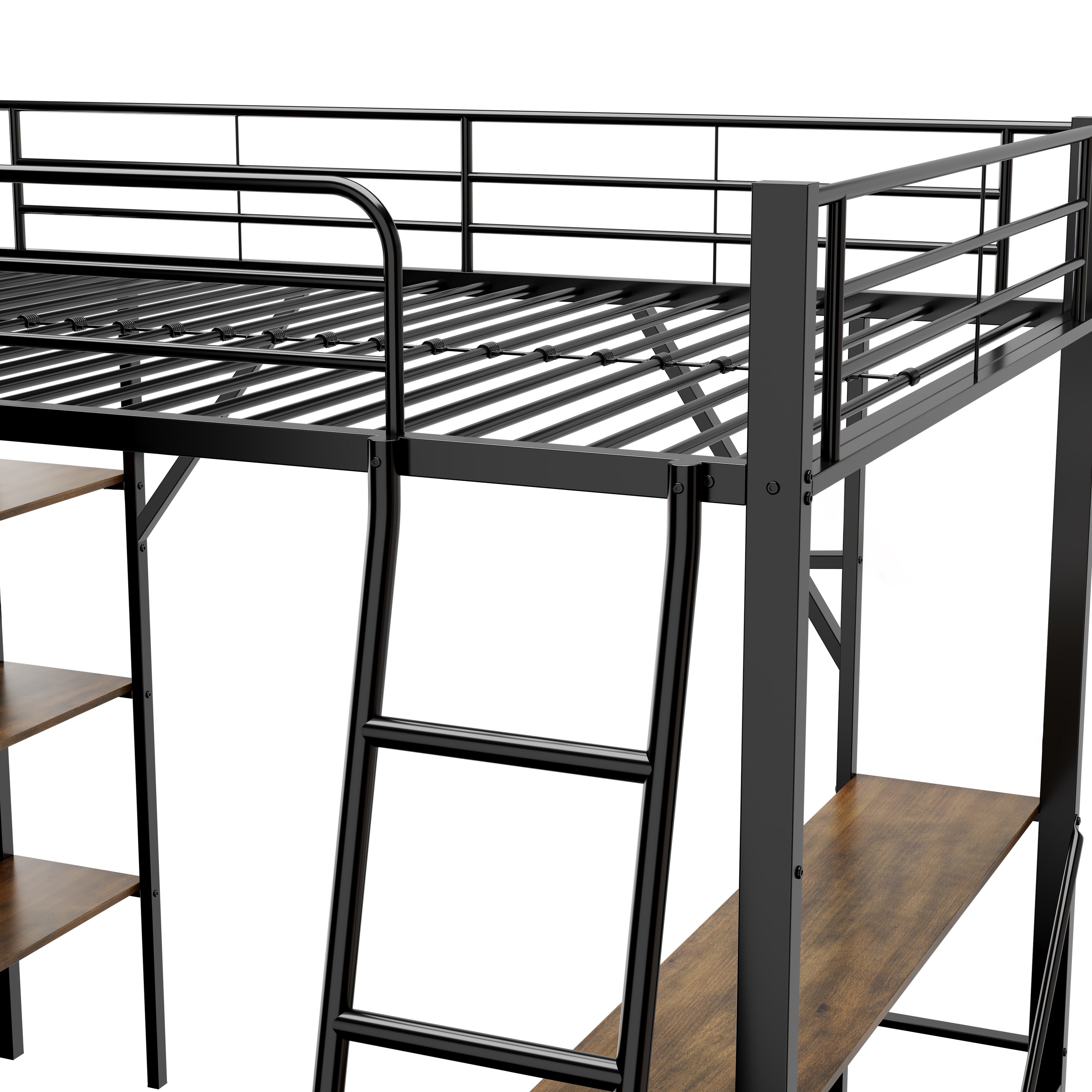 Loft Bed 90x200cm Iron Frame with Desk 3 Shelves Black