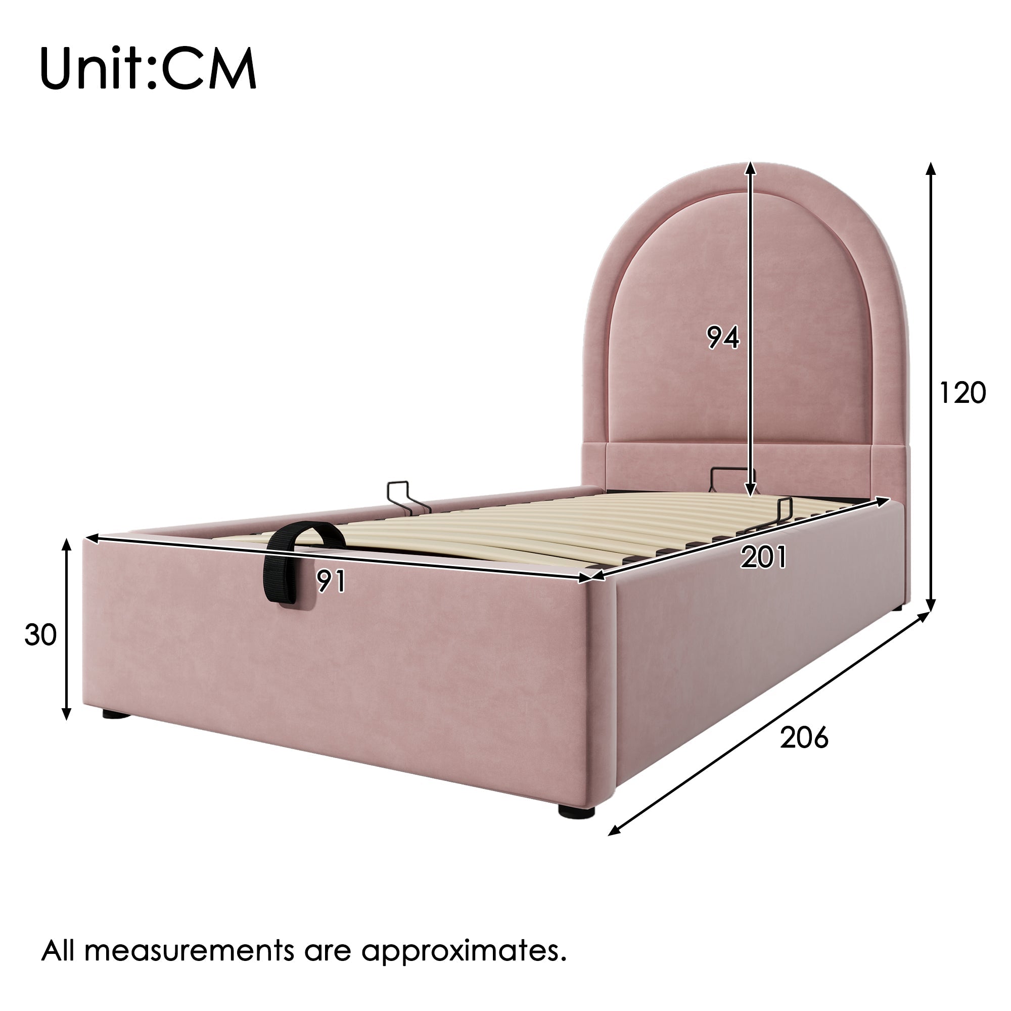 Upholstered Children's Bed, Single 90 x 200 cm, Pink Velvet
