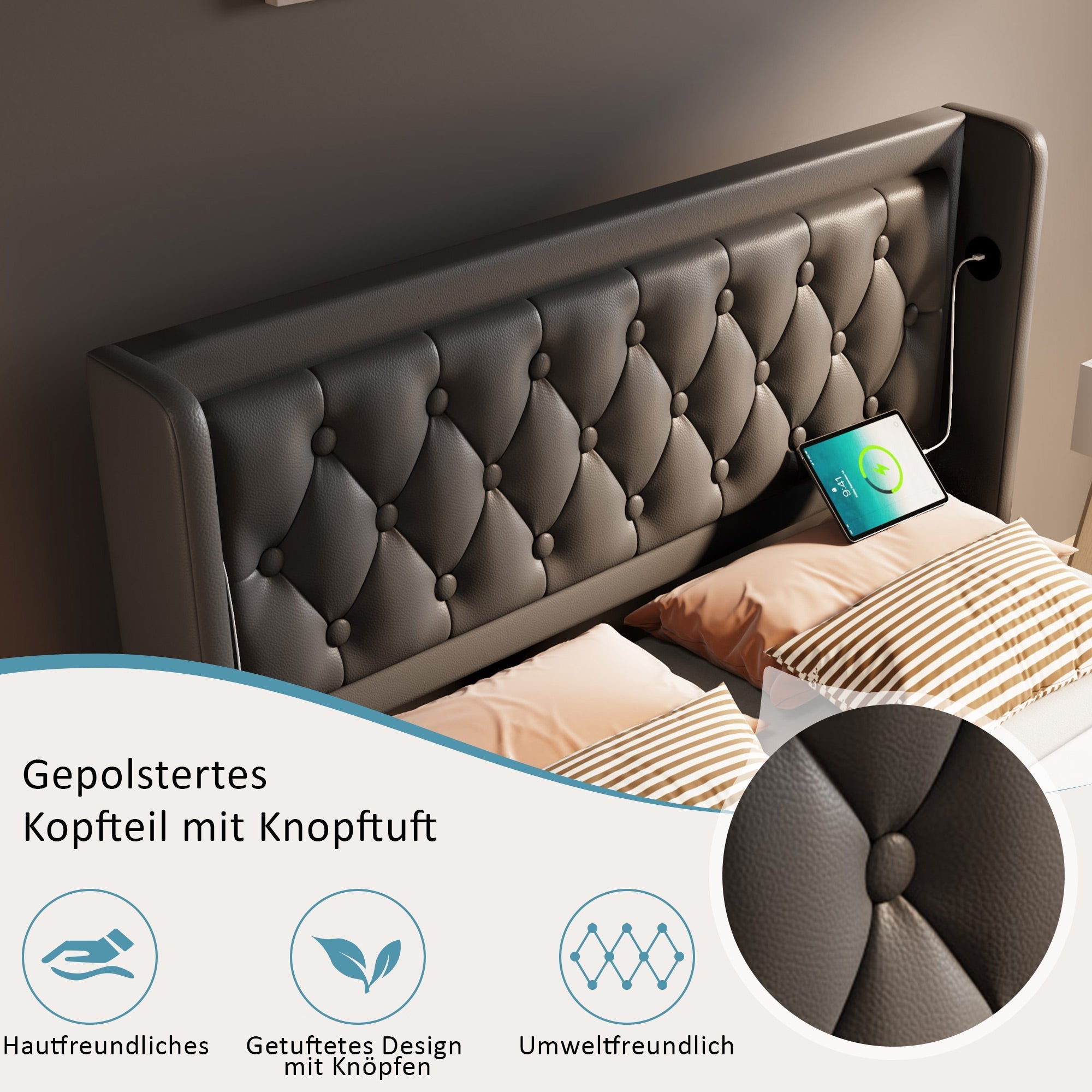 Upholstered Double Bed, 140x200cm Hydraulic Storage with USB Type-C Charging & 3-Sided LED, Black PU