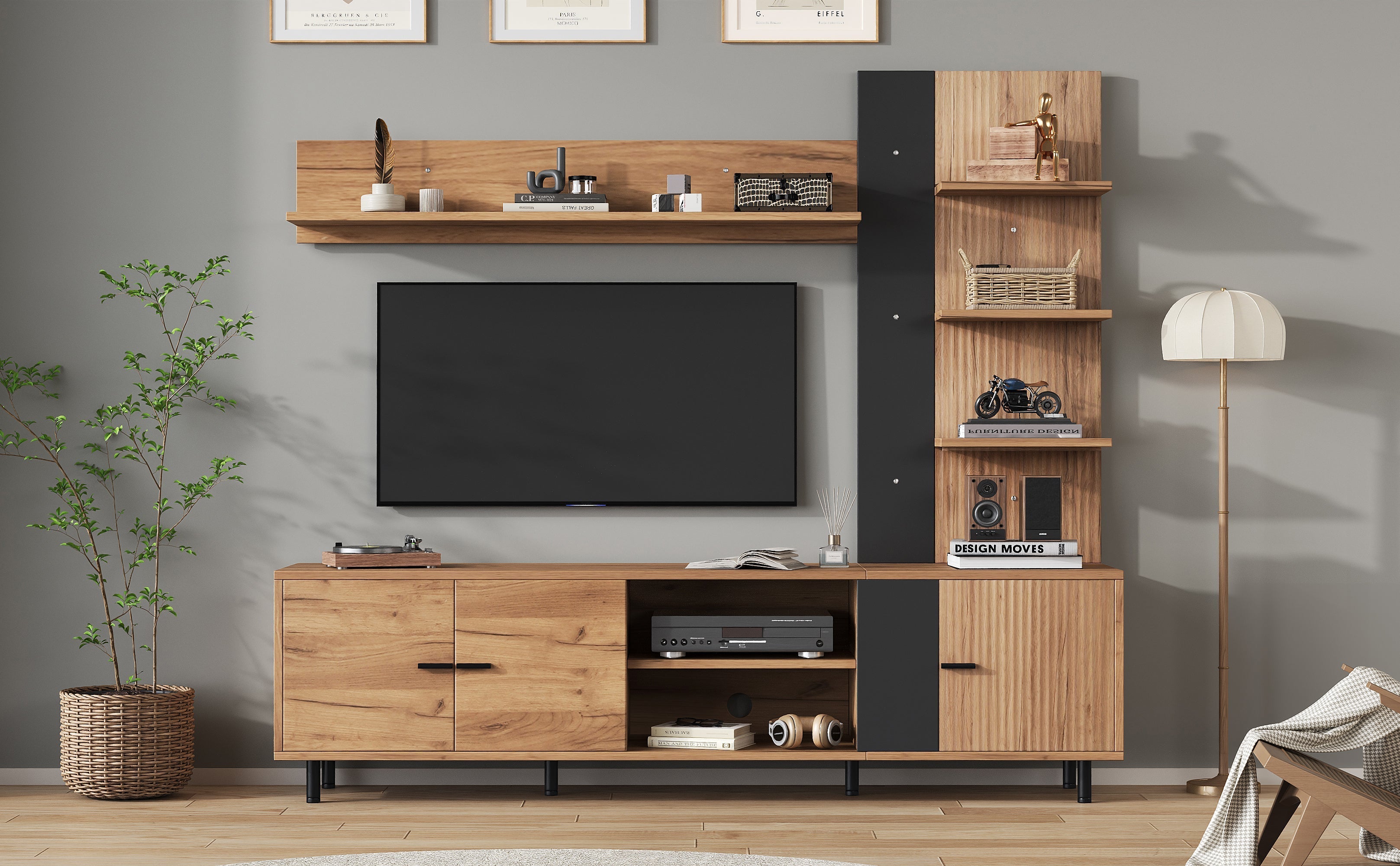 TV Wall Unit Set with Display Cabinet and Open Shelves for TV up to 80", Wood Color and Black