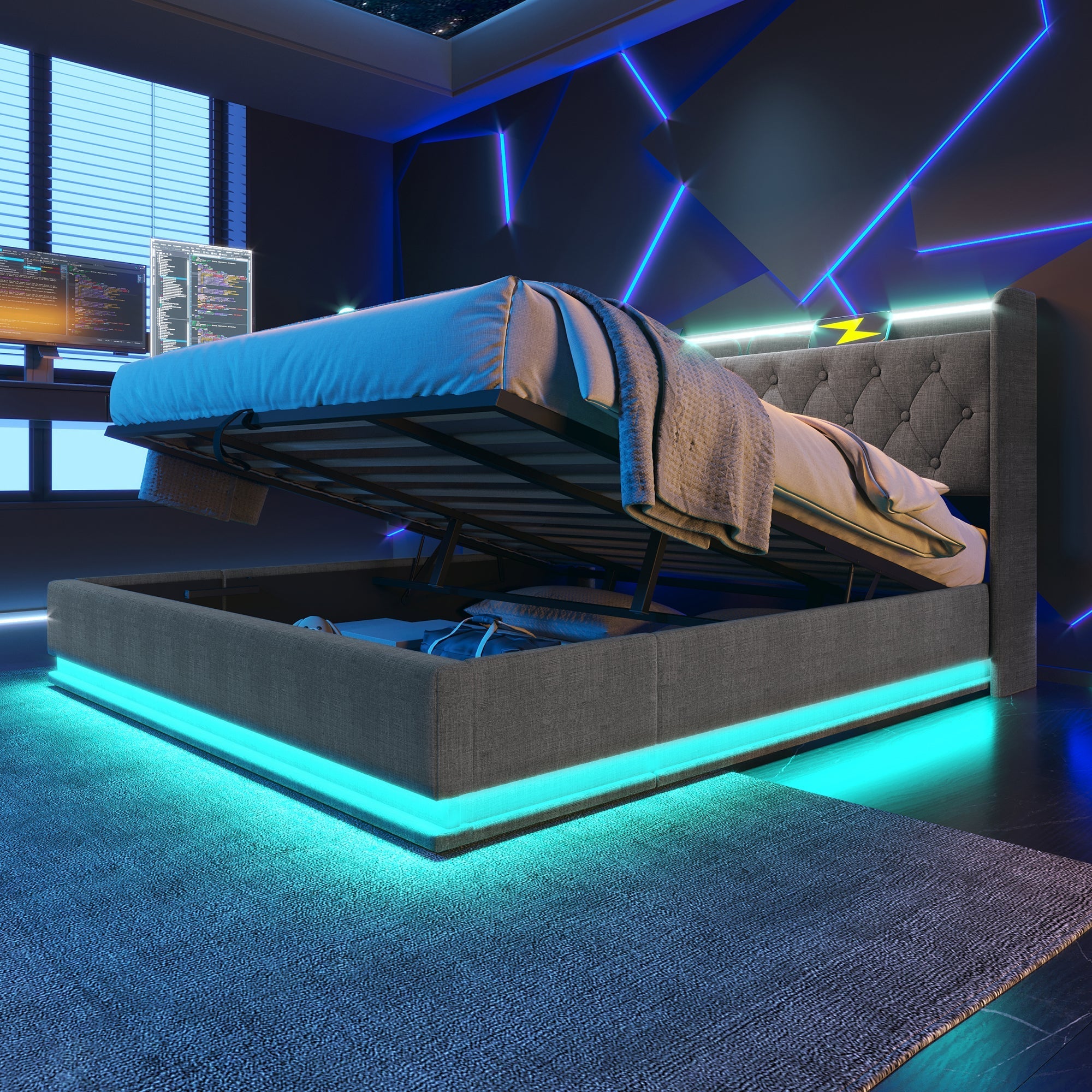 Upholstered Bed Double, 360-Surround LED, Hydraulic Storage, USB-C Charging, Gray Linen