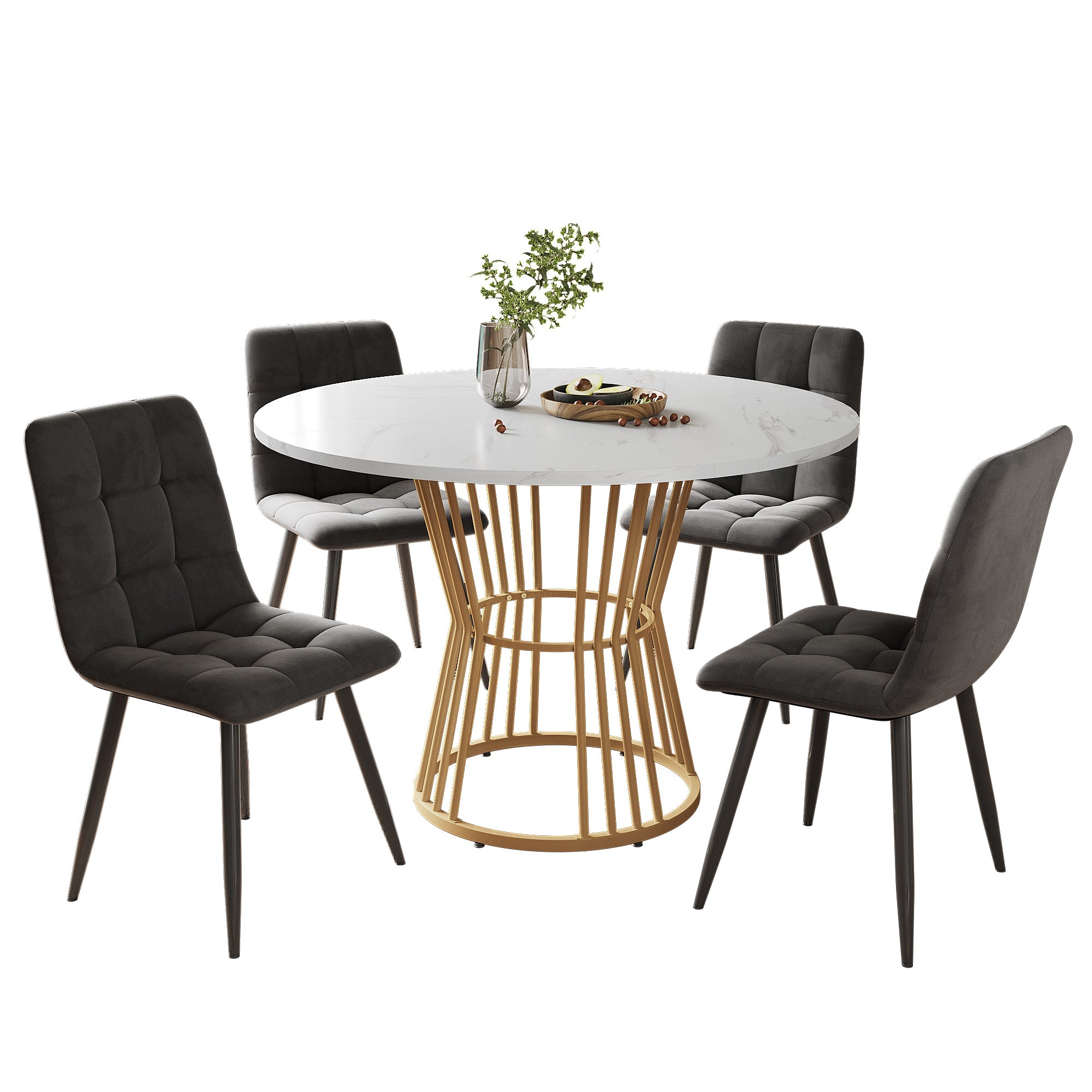 5-Piece Dining Set Round 100cm Gold Metal Legs White MDF Dark Grey Velvet