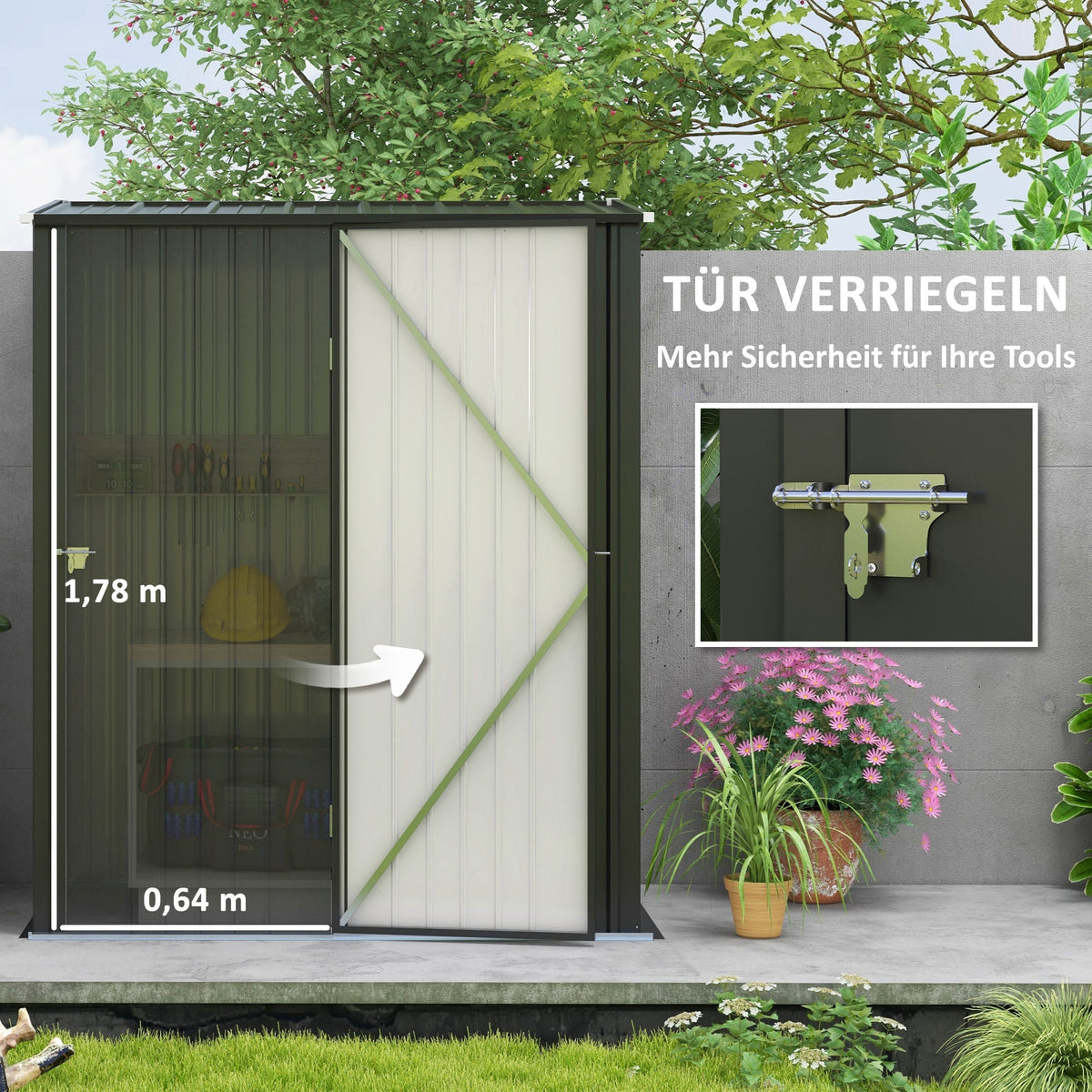 Garden Shed Lockable Cabinet Pent Roof 1.34 m² Galvanized Steel, Black