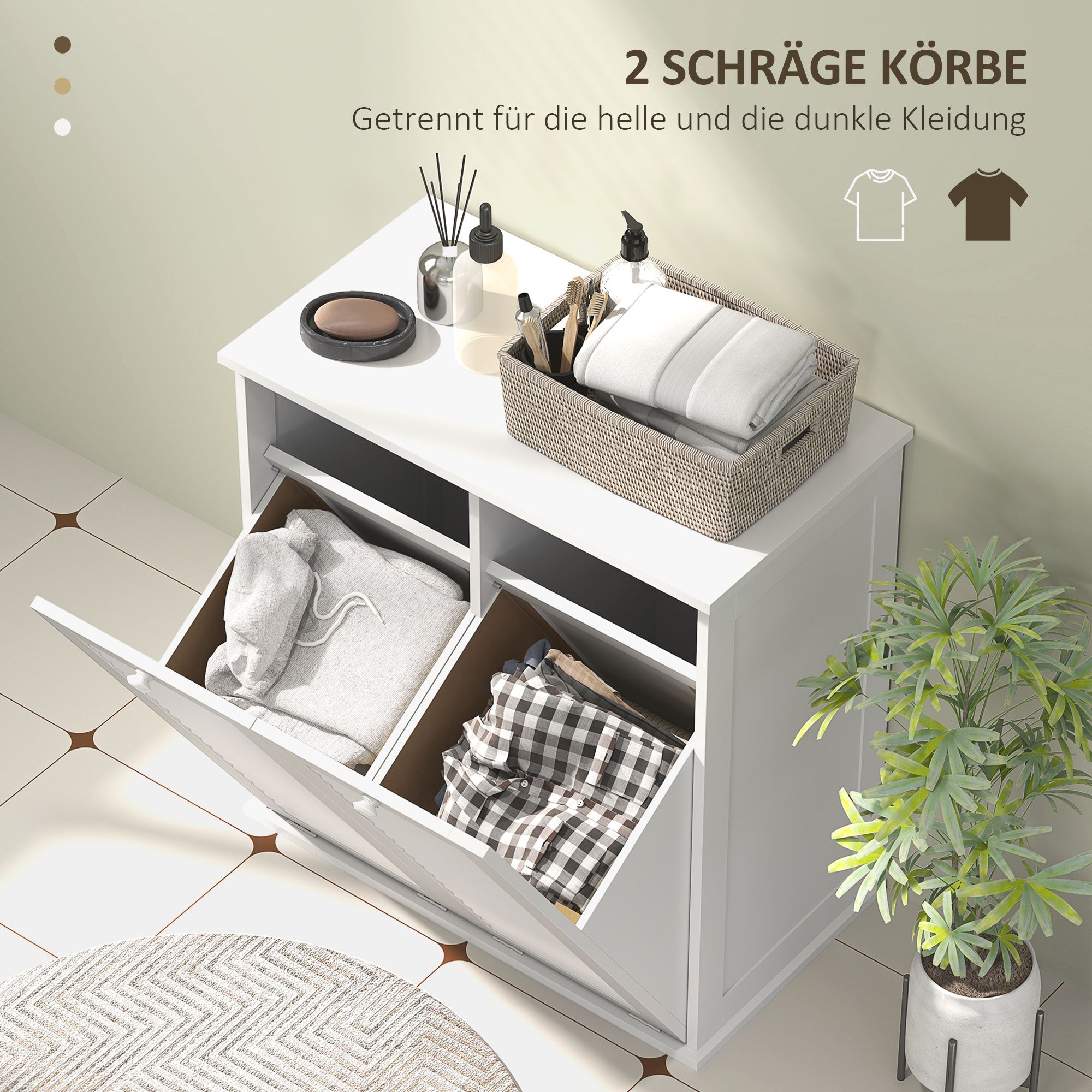Wäscheschrank, 2 Körbe, Lamellentüren, weiß