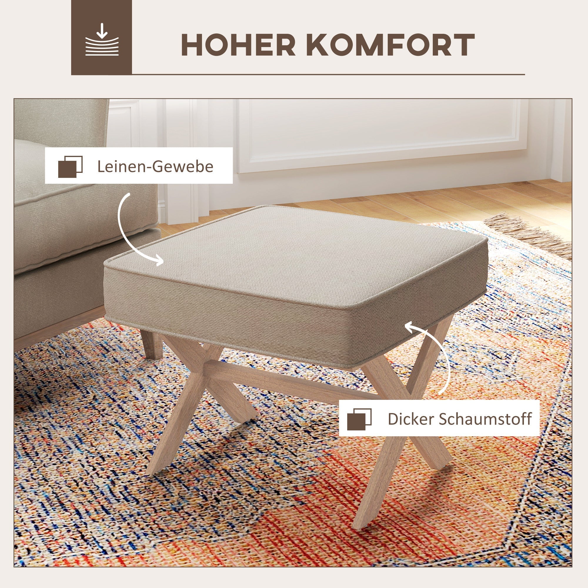 Ottoman Upholstered Bench Footstool with Padded Seat Wooden Footrest, Cream White