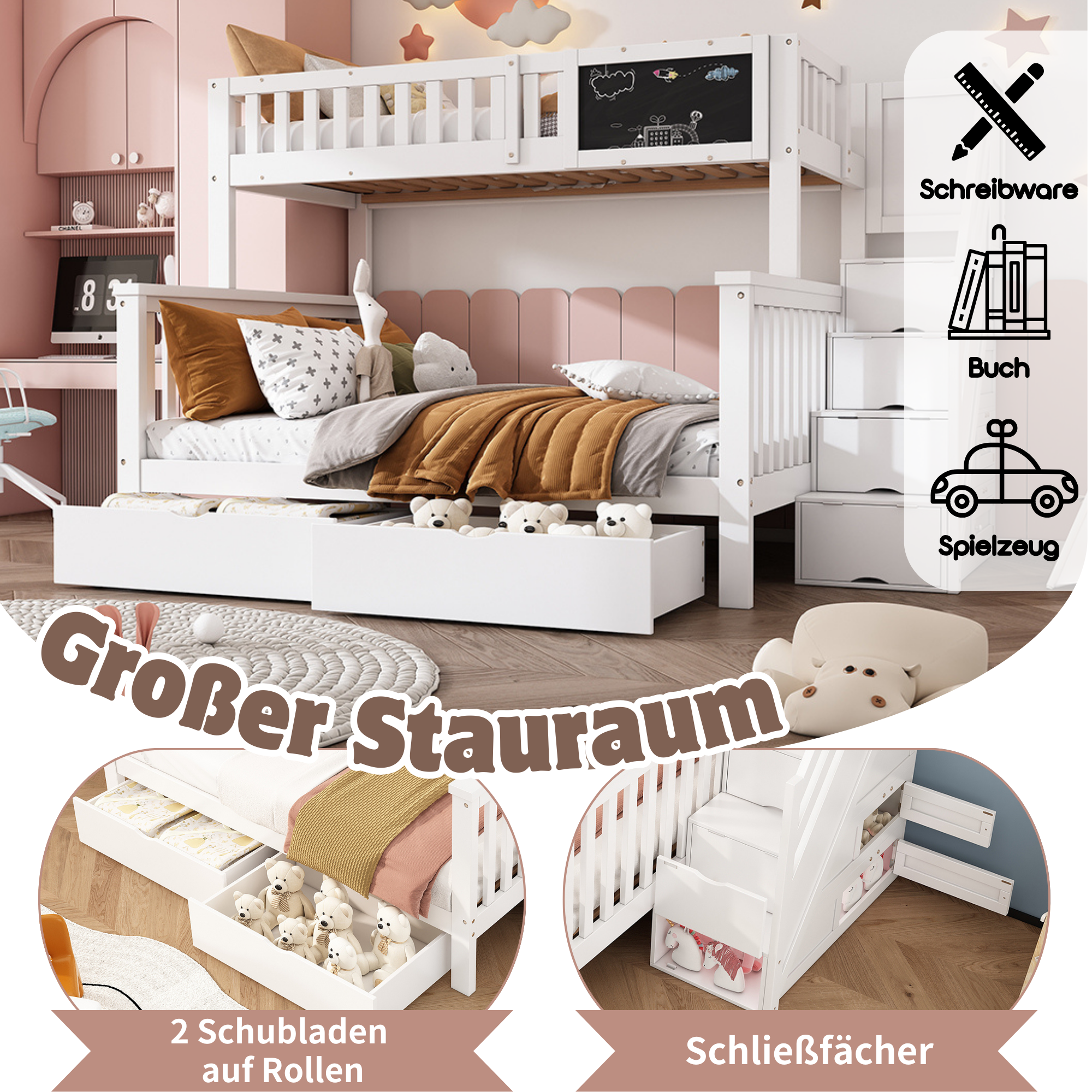 Children's Bunk Bed with Chalkboard and Drawers, 90x200 & 140x200cm, White