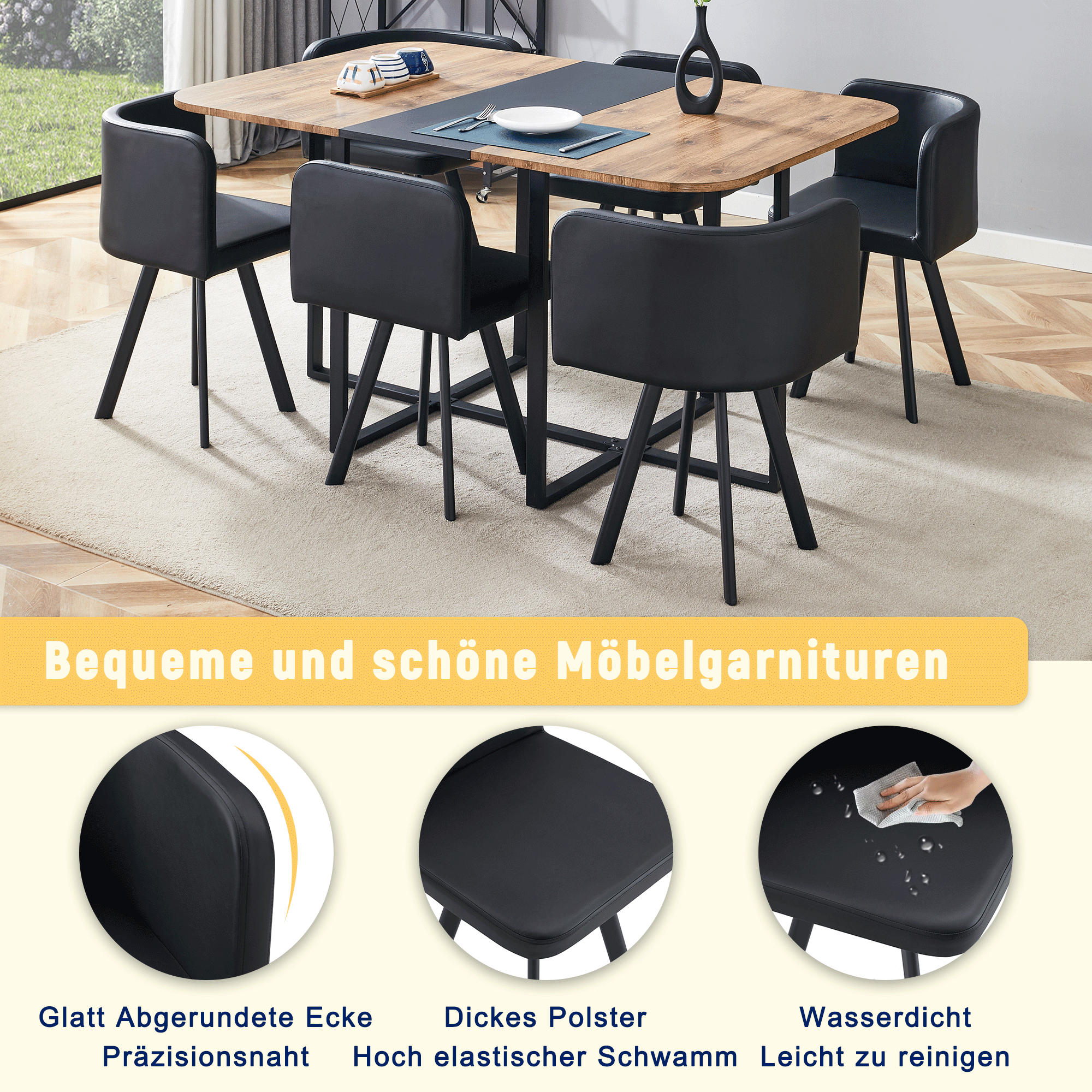Dining Table Set Extendable Stowable Chairs 4-6 Person Wood Grain Black Metal