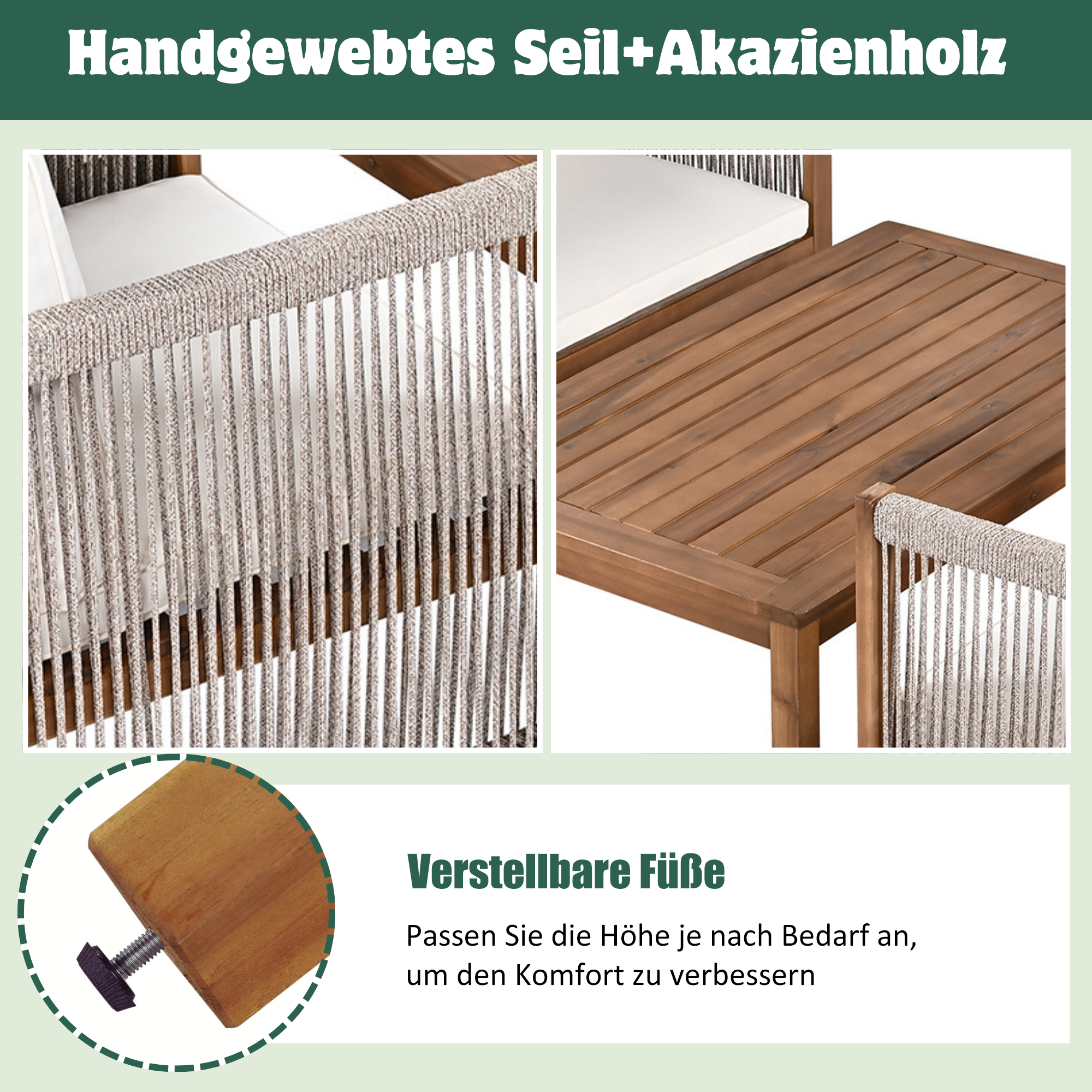 Garden Furniture Lounge Set with Double Sofa 2 Armchairs and Table, Acacia and Beige Rattan Look