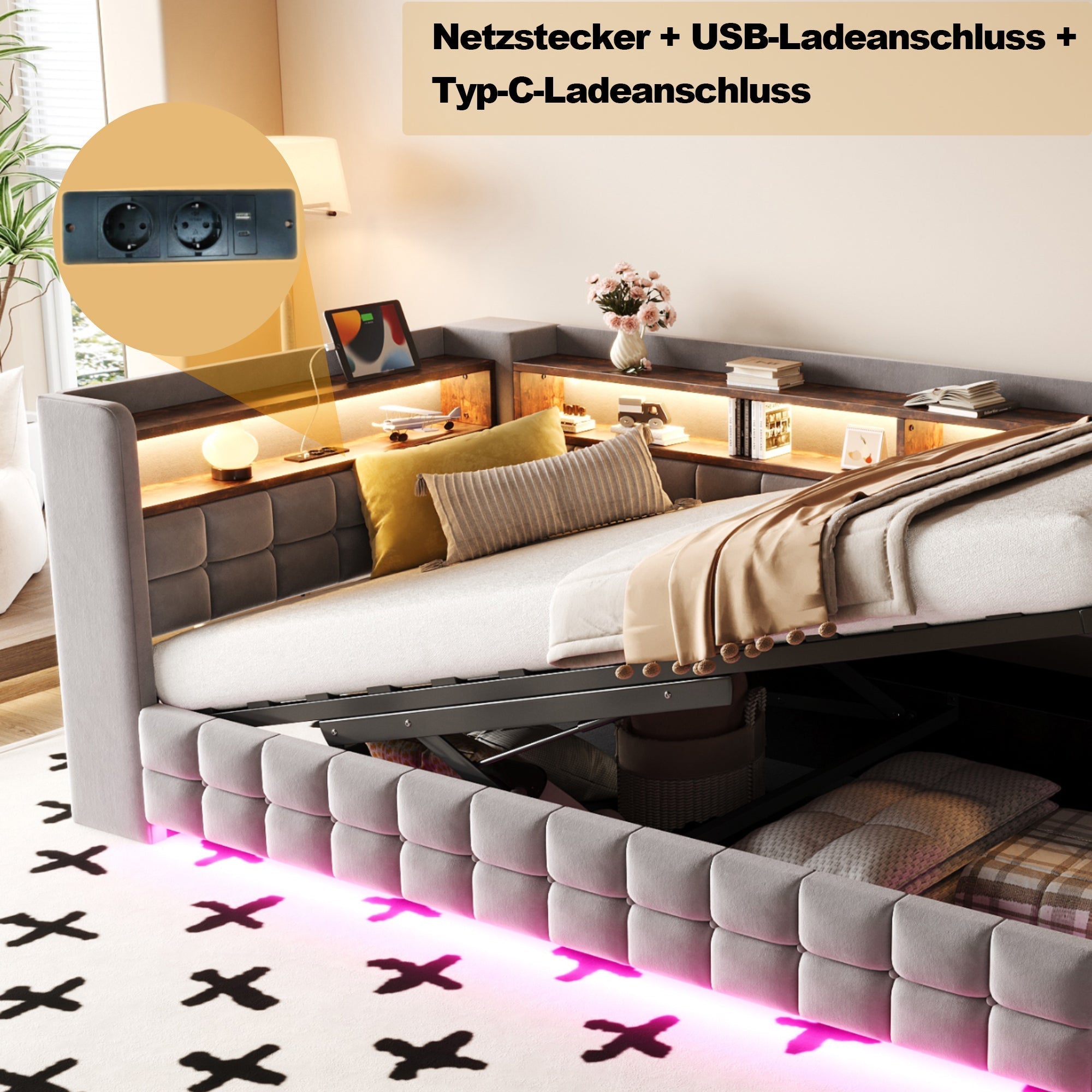 Multifunctional Upholstered Sofa Bed with Hydraulic Storage, LED and USB Ports, Light Grey Velvet